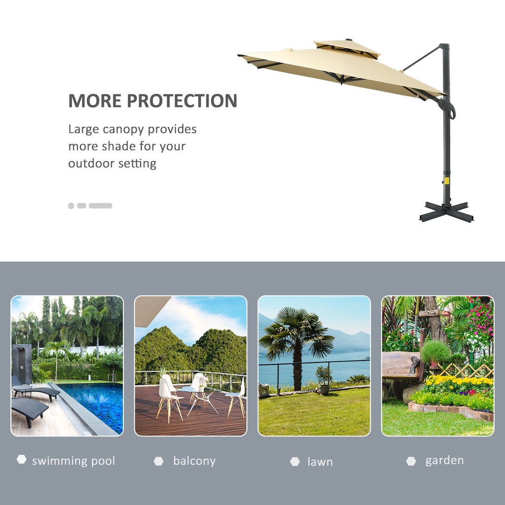 10ft Offset Patio Umbrella, Hanging Cantilever Umbrella, Square Shape, Aluminum Cross Base, Tilt, 360-Degree Rotation, Beige