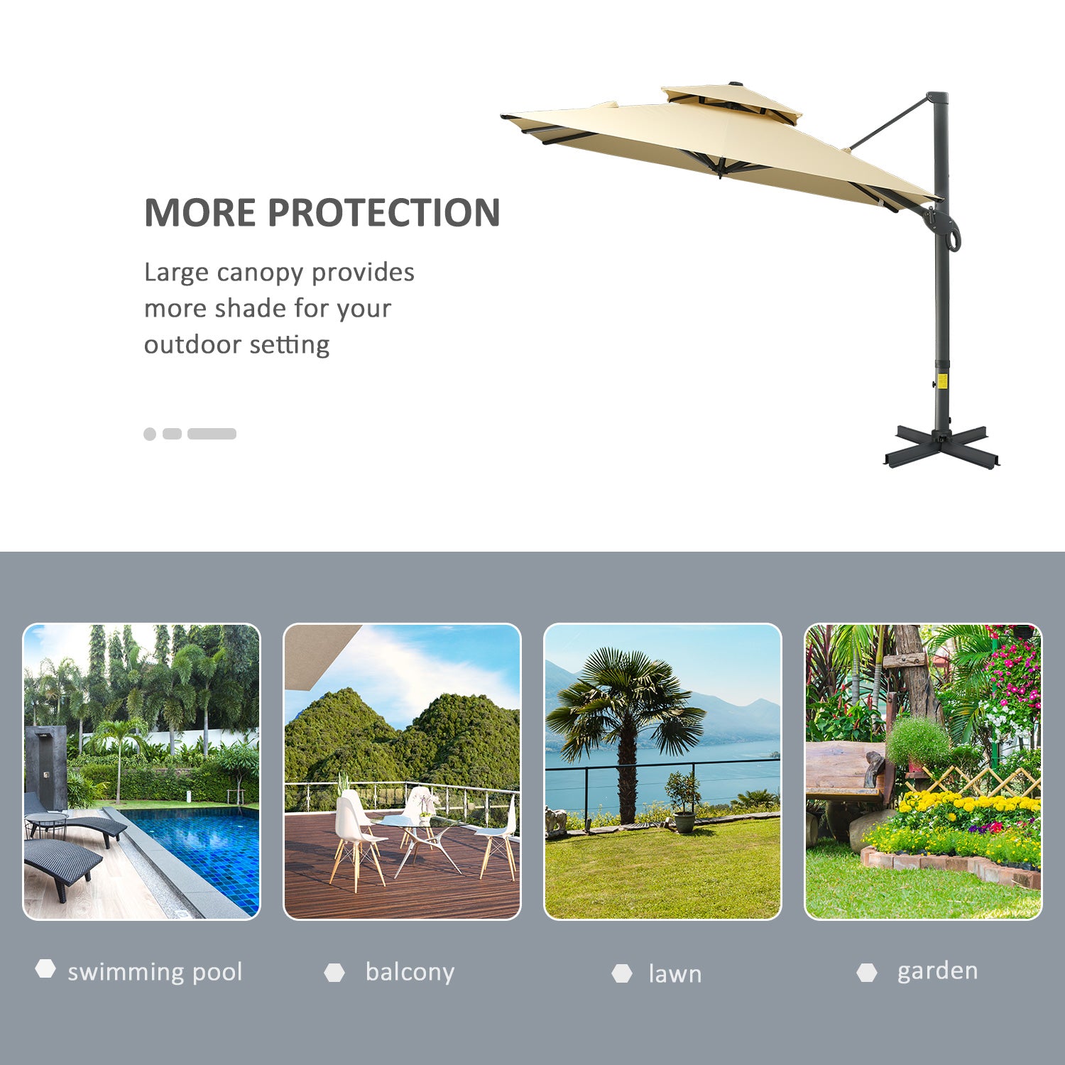 10ft Offset Patio Umbrella, Hanging Cantilever Umbrella, Square Shape, Aluminum Cross Base, Tilt, 360-Degree Rotation, Beige