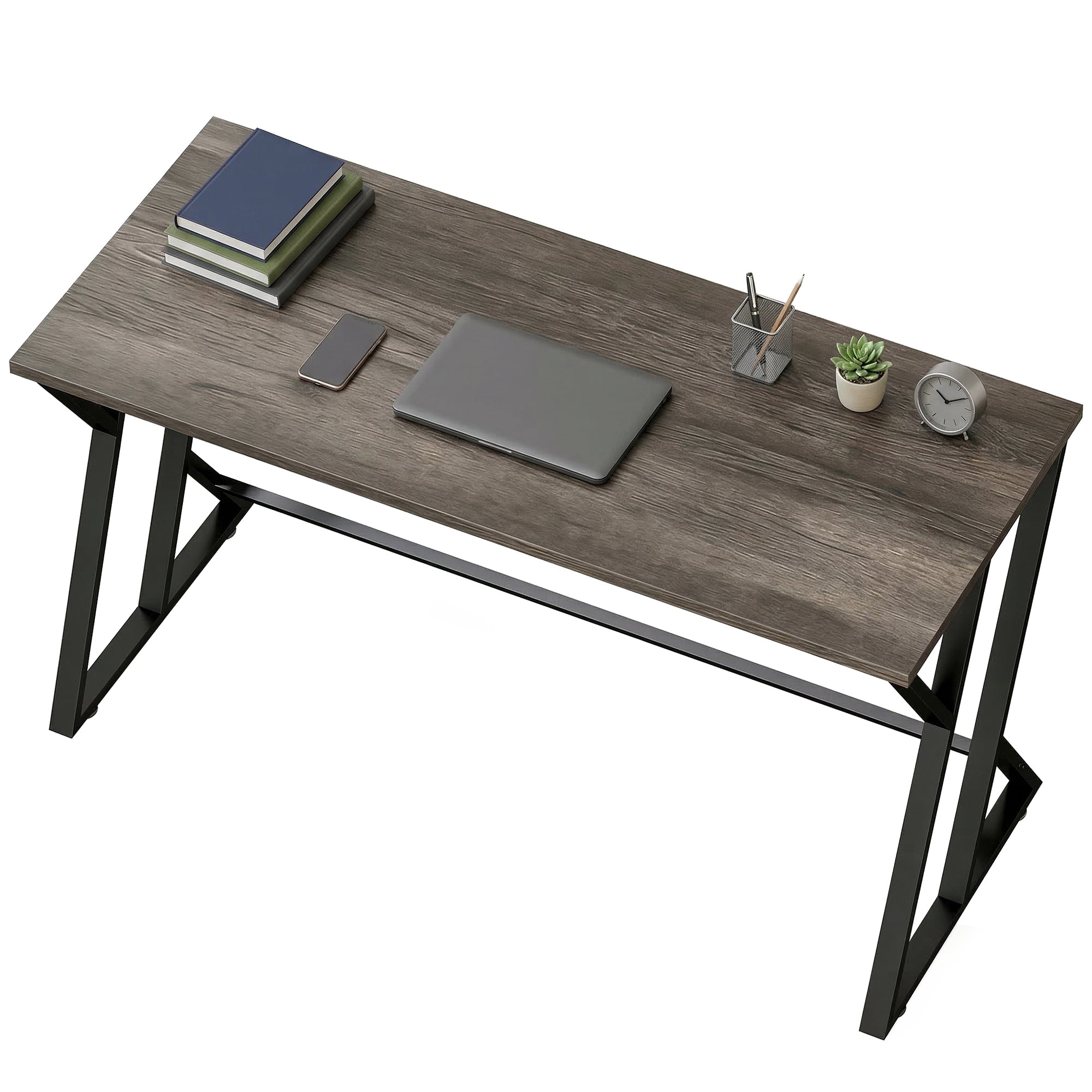 55 Inch Computer Desk, Industrial Writing Desk with Z-Shaped Metal Leg, Study Table for Home Office, Distressed Gray