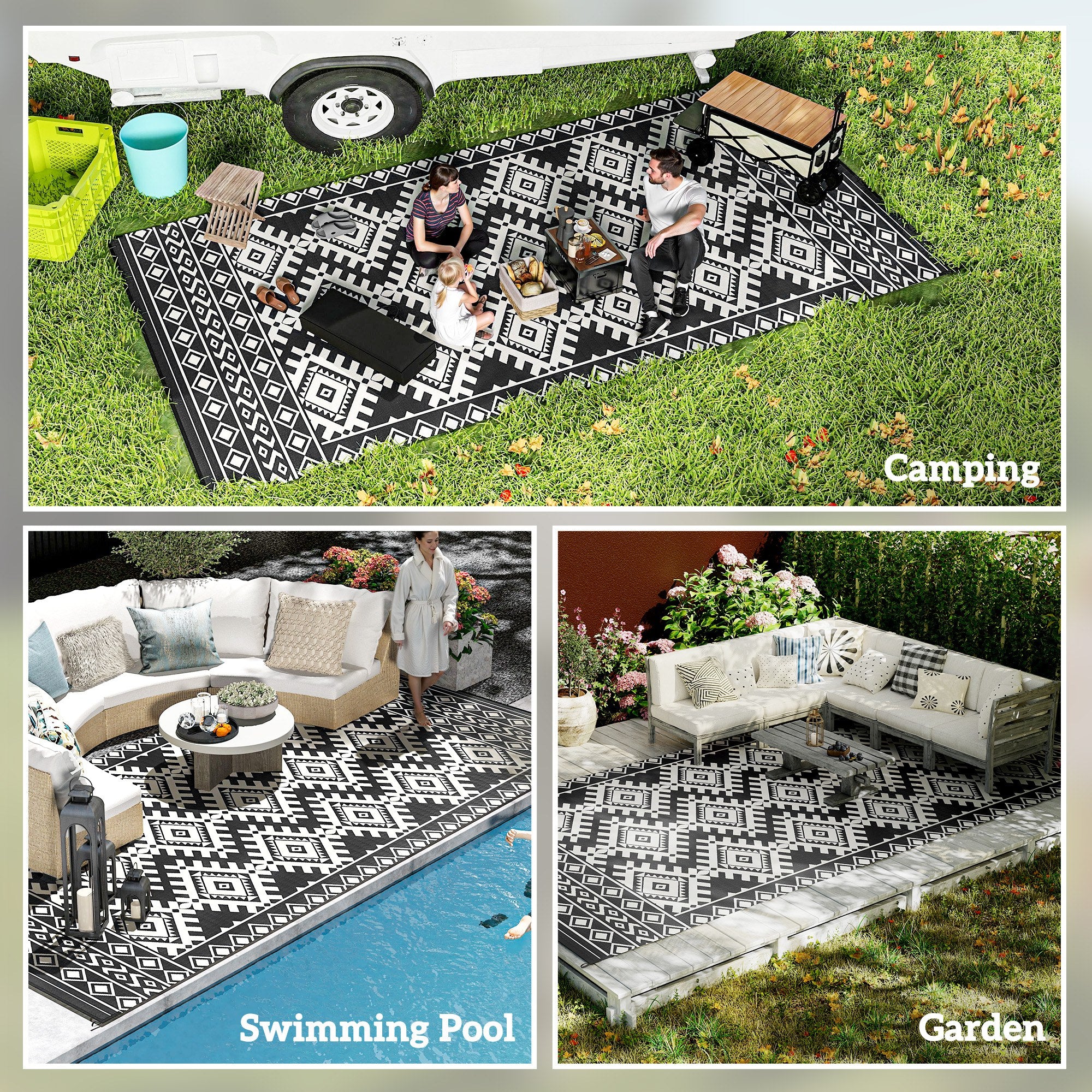 Reversible Outdoor Rug, Waterproof Plastic Straw with Carry Bag, 9' x 18', Black & White Rhombus Border