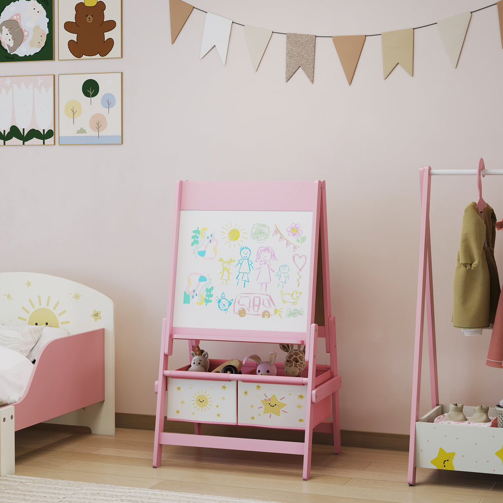 Art Easel for Kids, Double-Sided Whiteboard & Chalkboard with Paper Roll, Storage Baskets for Toddlers Ages 3-8, Pink