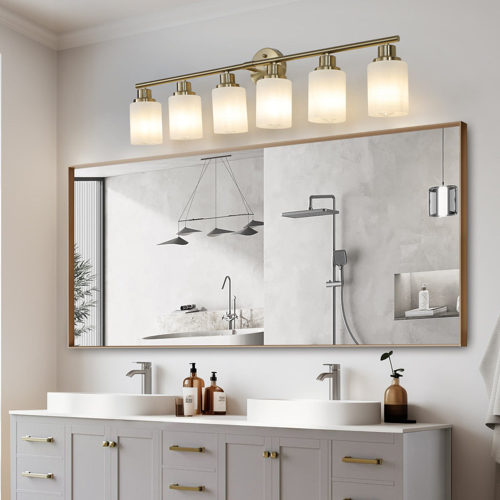 38.5" Modern 6-Light Vanity Wall Sconce with Frosted Glass Shades, Golden Finish, Easy Installation, 38.5" L x 6.5" W x 10" H, Gold