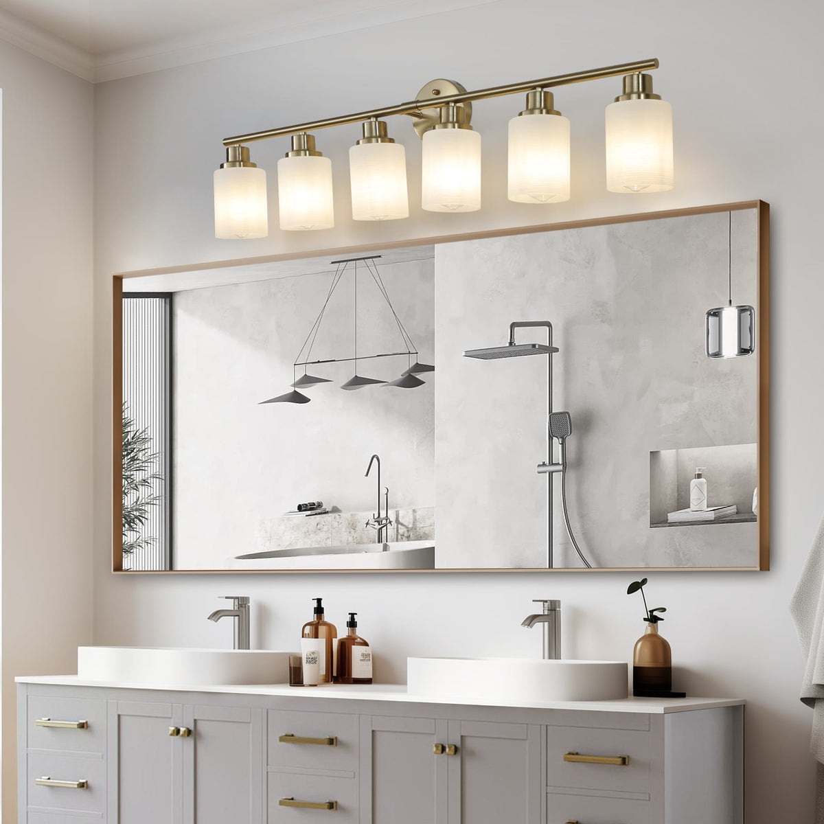 38.5" Modern 6-Light Vanity Wall Sconce with Frosted Glass Shades, Golden Finish, Easy Installation, 38.5" L x 6.5" W x 10" H, Gold