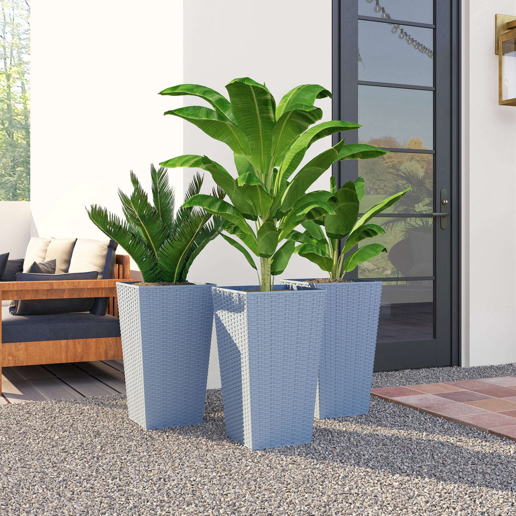Tall Planters for Outdoor Plants Set of 3, 24 In Taper Planters with Drainage Holes, Rattan Decor Plant Pots, Light Gray