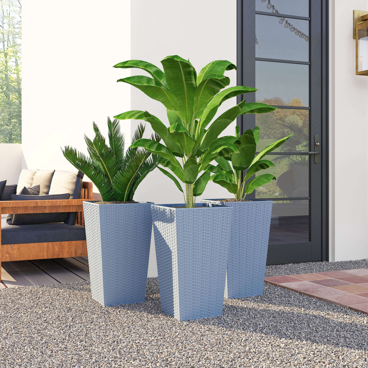 Tall Planters for Outdoor Plants Set of 3, 24 In Taper Planters with Drainage Holes, Rattan Decor Plant Pots, Light Gray