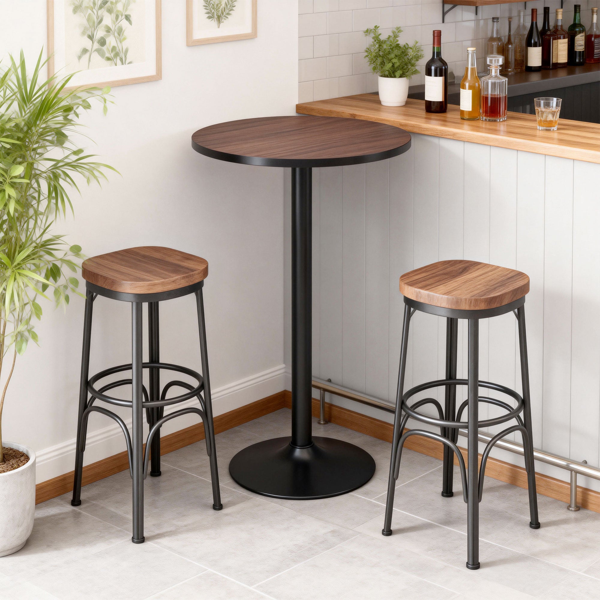 41" H Bar Height Round Bar Table, Rustic Industrial Pub Table, Elm Wood Top Bistro Table with Metal Base