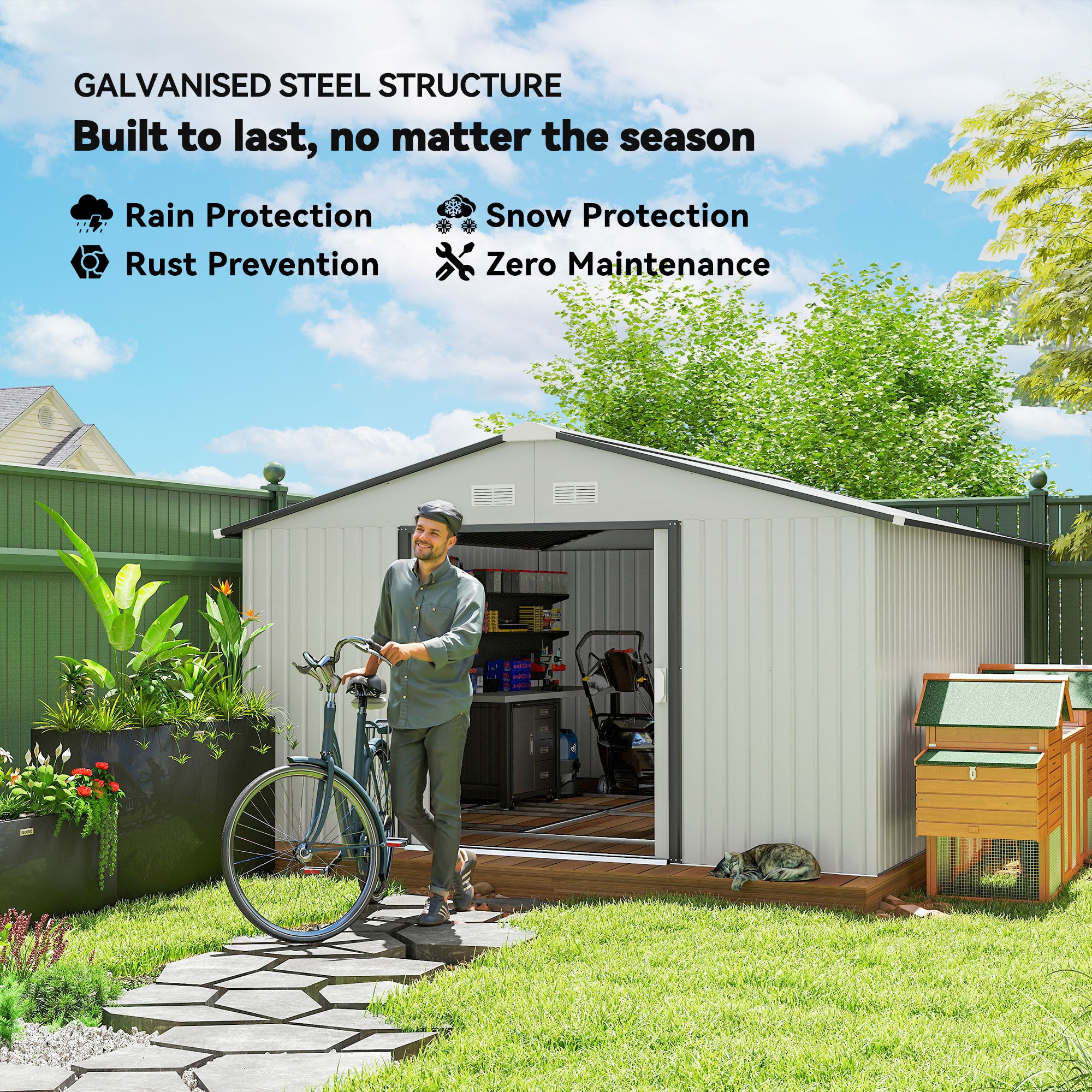 Garden Metal Shed, Storage Shed Utility Storage with Double Locking Doors for Bike, Yard Tools, White