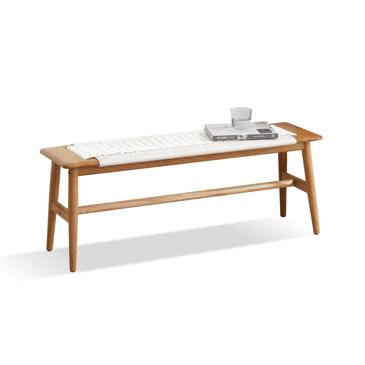 Solid Dining Bench with Handwoven Cane Seat, Versatile Wood Bench for Dining Room or Bedroom, 31.5″ L x 12″ W x 16″ H, White
