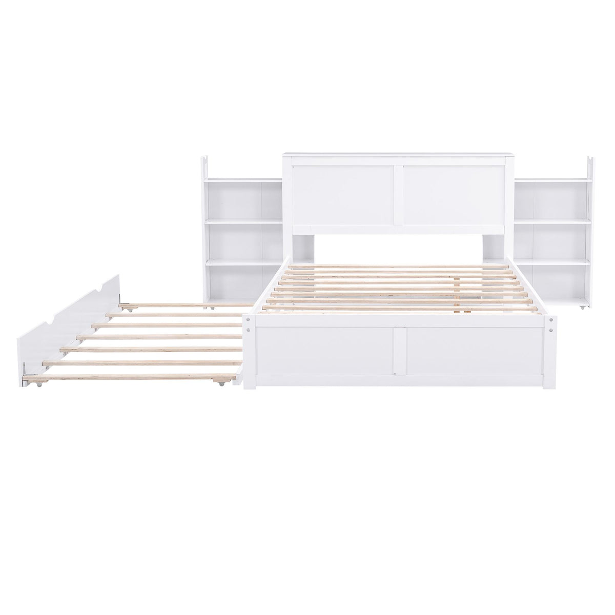 Full Size Storage Platform Bed with Pull Out Shelves, Twin Size Trundle, Solid Wood and MDF, 98" L x 89" W x 39.5" H, White