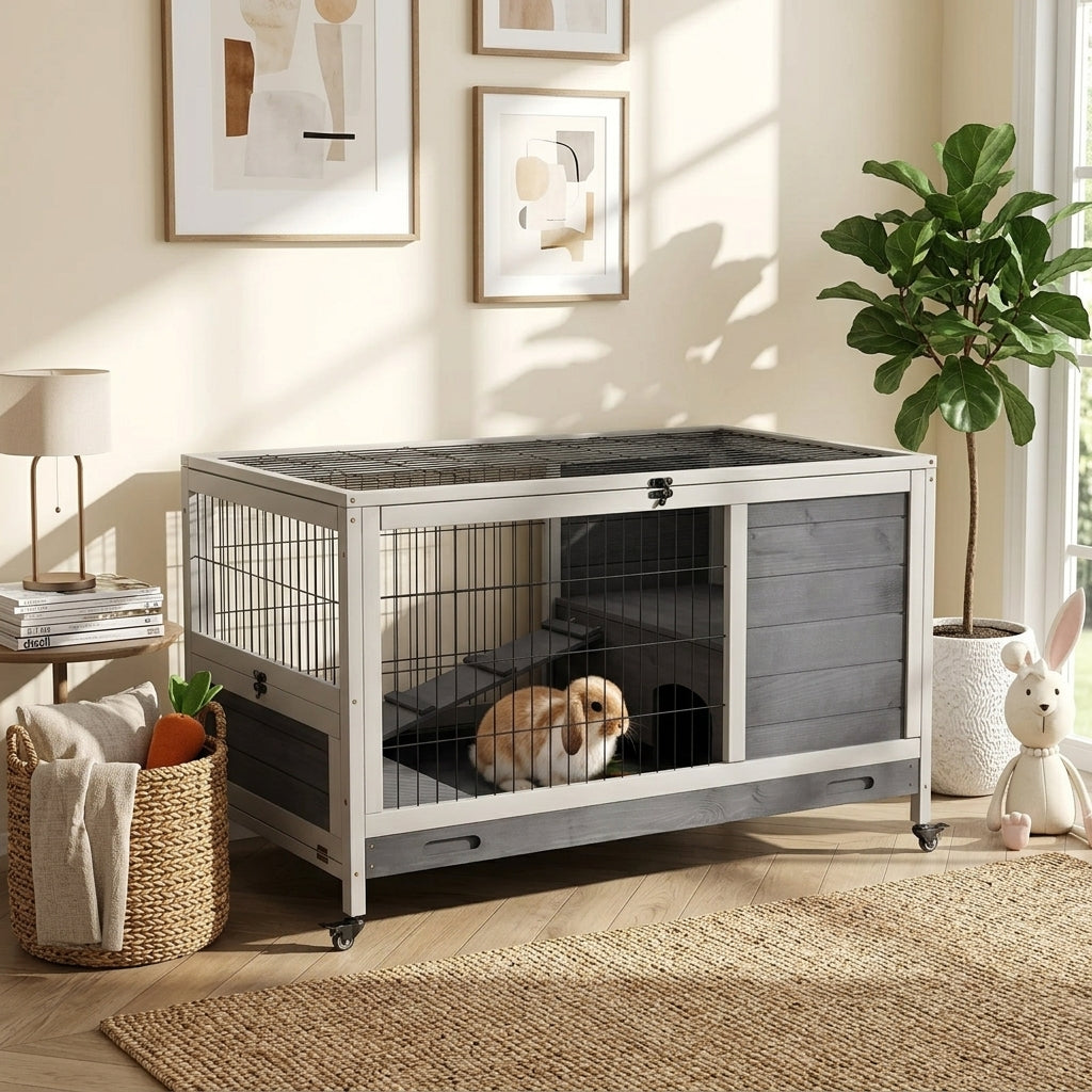 Indoor Rabbit Enclosure, Wooden Elevated Cage Habitat with Enclosed Run with Wheels - Ideal for Rabbits and Guinea Pigs