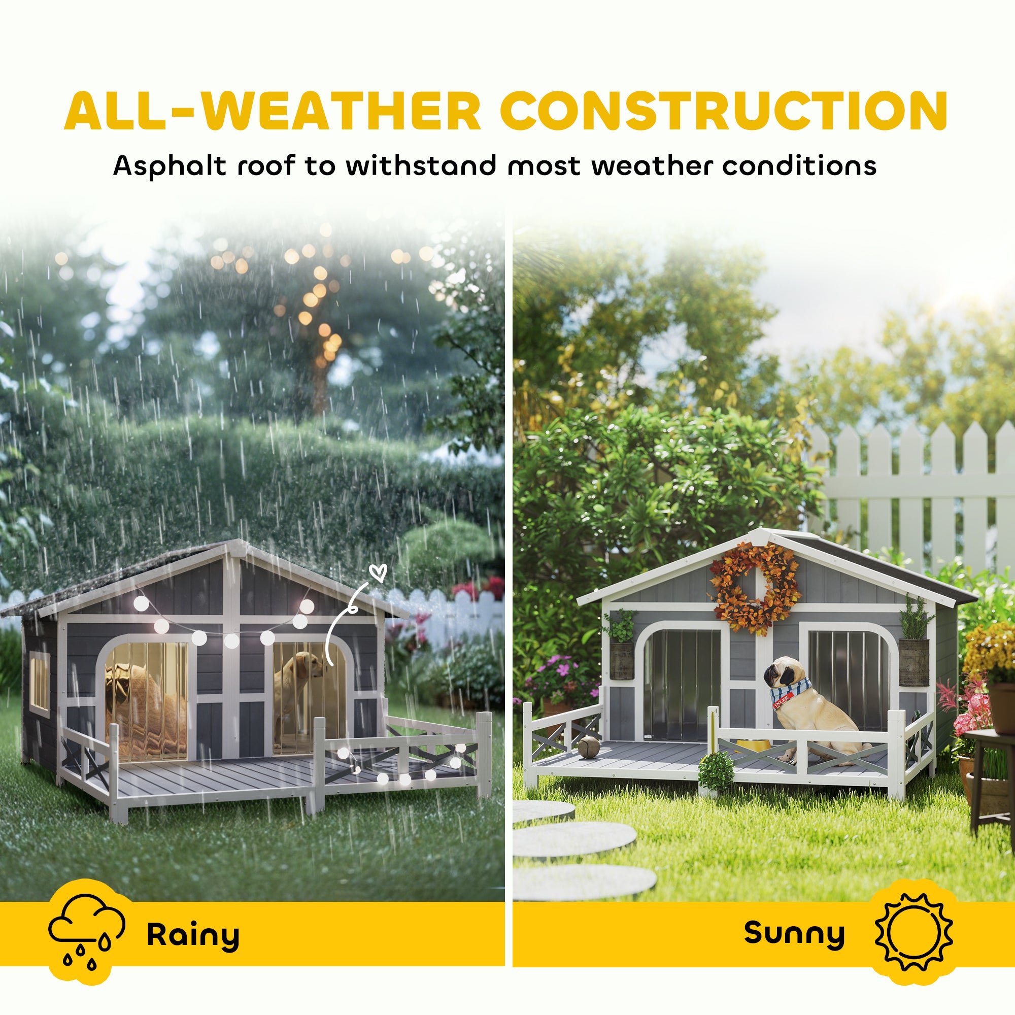 Dog House Outdoor, Wooden Dog Kennel Weatherproof with Porch, Openable Roof, Removable Bottom, Elevated Floor, Double Room for 2 Small to Medium Breeds, Gray