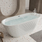 59" Acrylic Freestanding Bathtub with Unique Diamond-Pattern Exterior, Oval Soaking Tub for Bathroom, 59" L x 29.5" W x 23" H, Gloss White
