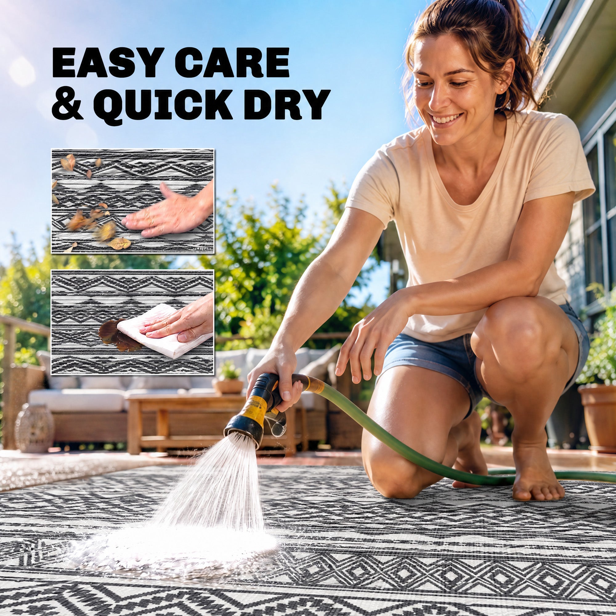 Reversible Outdoor Rug Carpet RV Camping Rugs with Carry Bag, 8' x 10', Gray & Cream White Boho