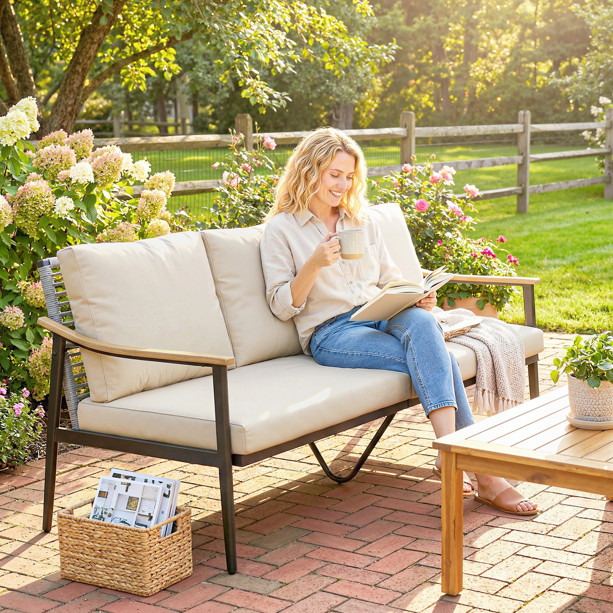 3 Seater Outdoor Patio Sofa, Outdoor Couch with Wood-Effect Armrests, Wicker Backrest, Cushions for Garden Yard, Khaki