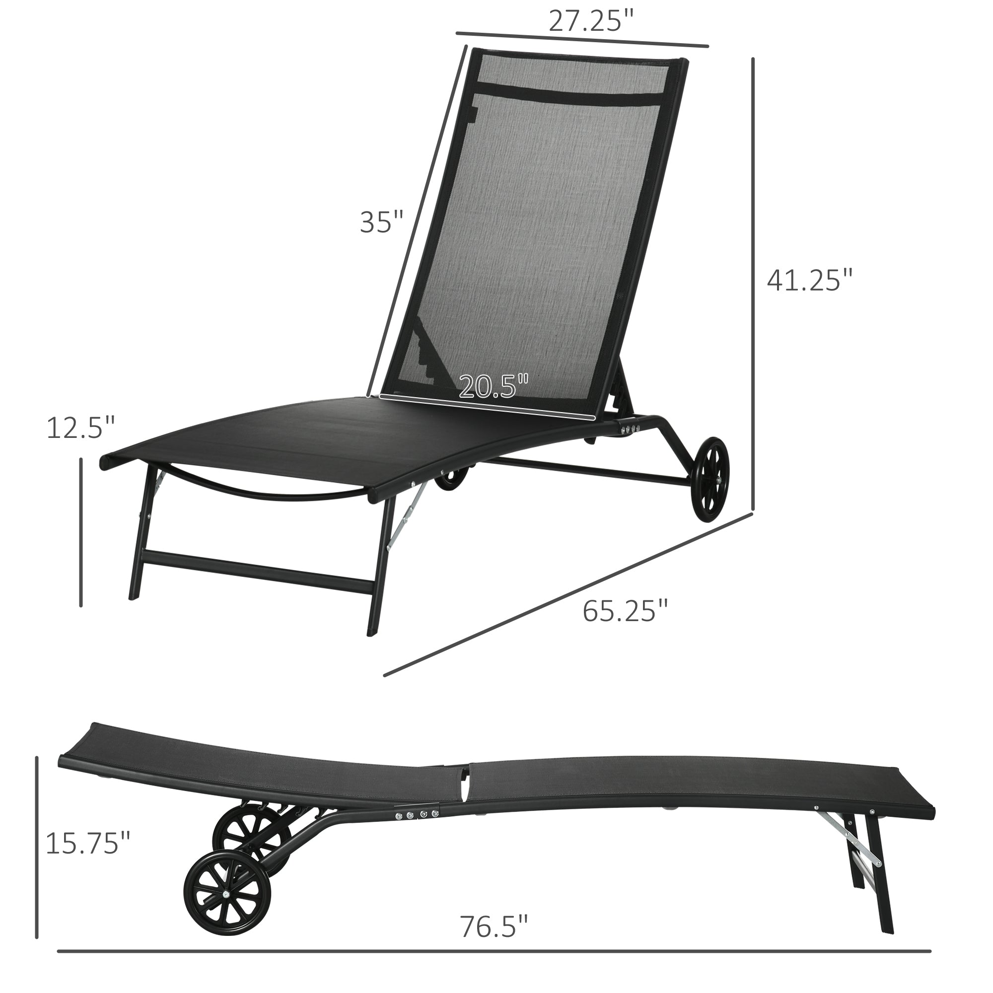 Chaise Lounge Outdoor, 2 Piece Lounge Chair with Wheels, Tanning Chair with 5 Adjustable Positions for Patio, Beach, Yard, Pool, Black