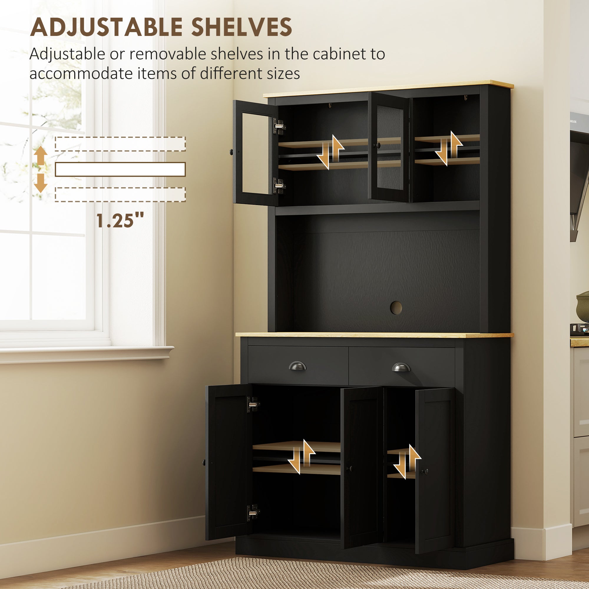 Freestanding Kitchen Cabinet, 71" Tall Pantry Cabinet, Modern Hutch with Wide Countertop, Adjustable Shelves, Black