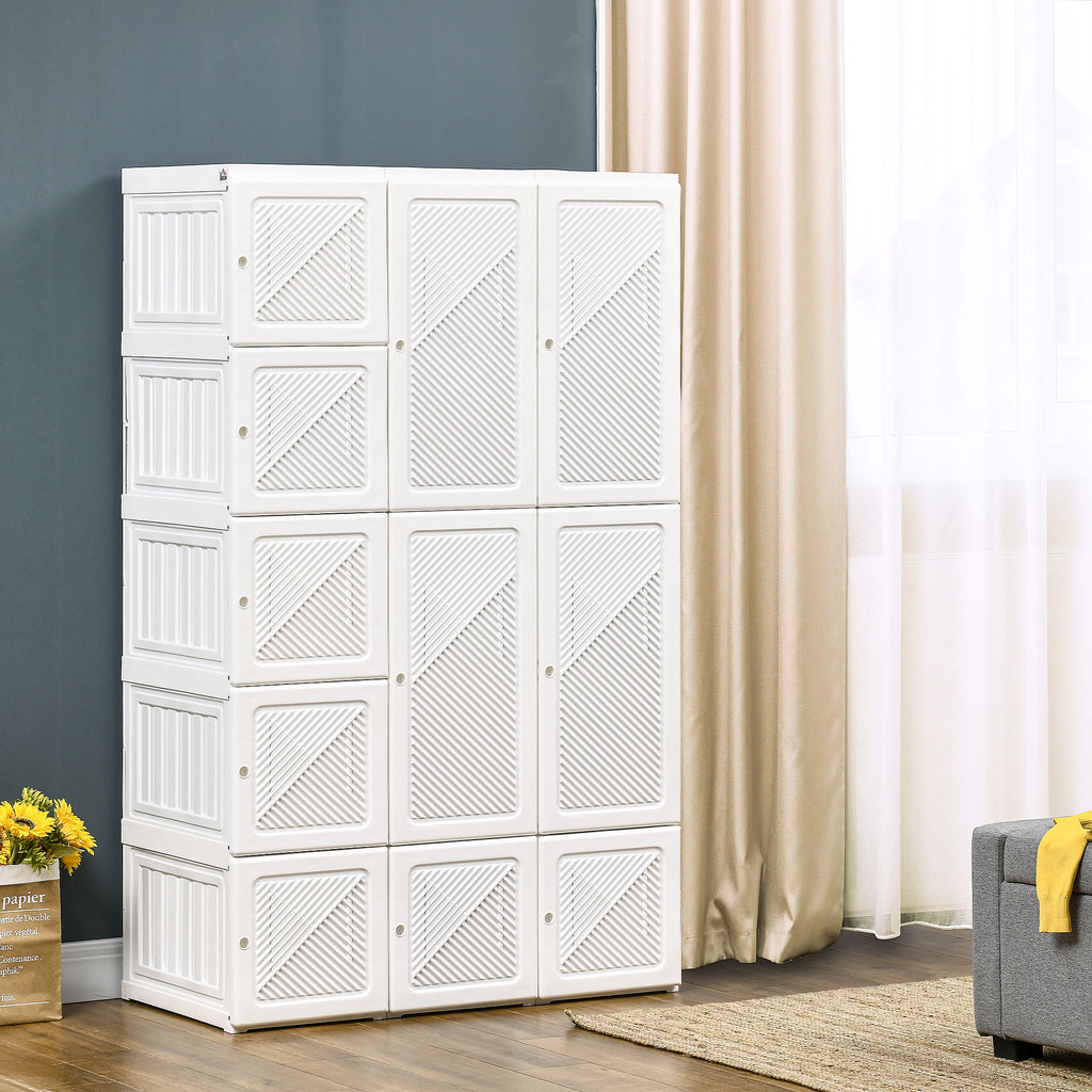 Portable Wardrobe Closet, Folding Clothes Storage Organizer with 8 Cube Compartments, 2 Hanging Rods, 11 Magnet Doors, White