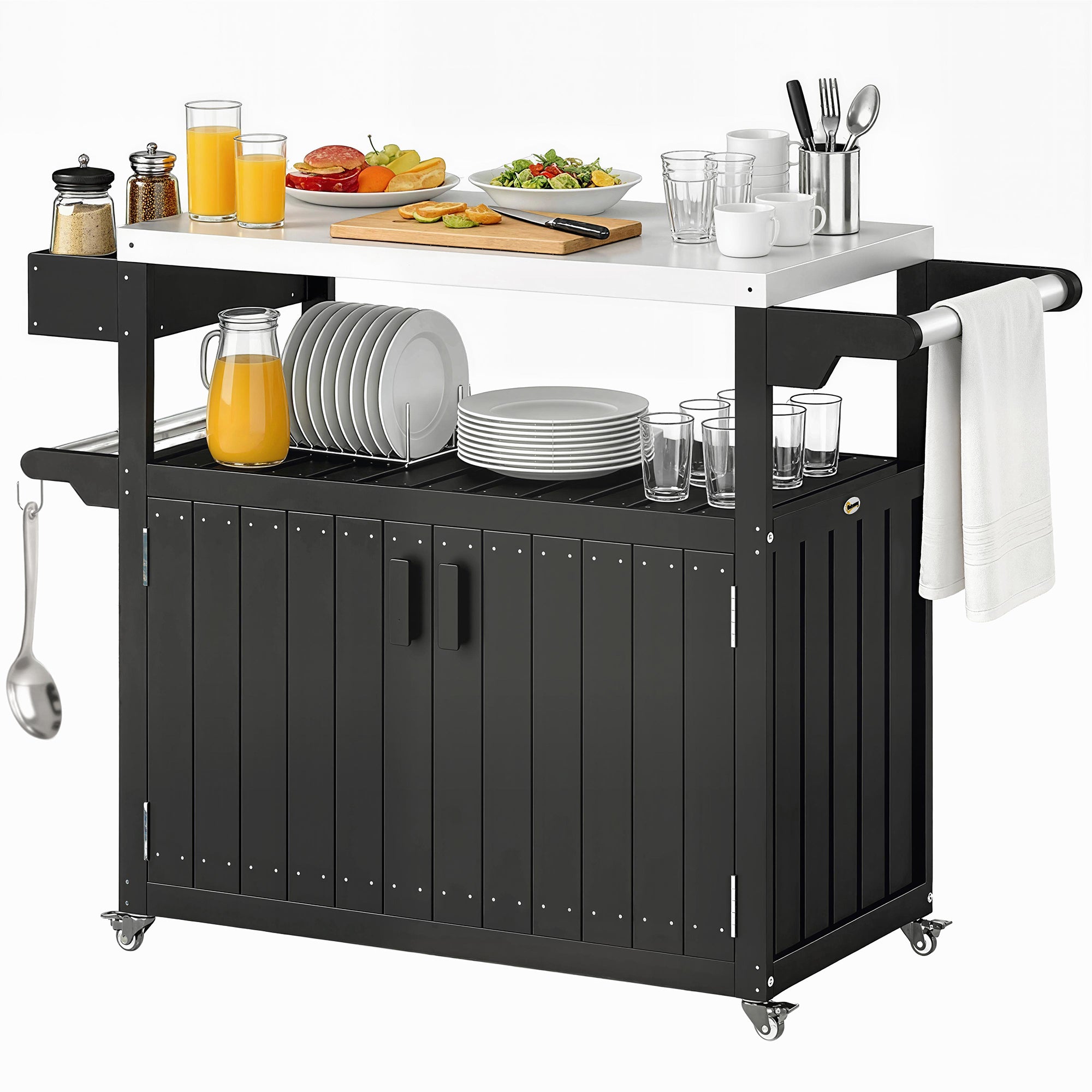 Outdoor Bar Cart with Storage, Stainless Steel Outdoor Bar Table Top, Wheeled HDPE Kitchen Island for Food Prep, Black