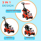 3 in 1 Push Car Sliding Car with Removable Handle, Music, Horn, Canopy, Safety Guardrail, Red