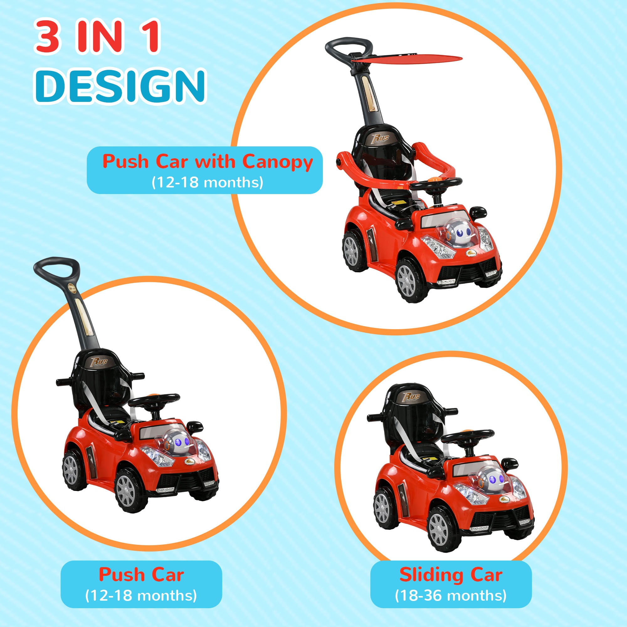 3 in 1 Push Car Sliding Car with Removable Handle, Music, Horn, Canopy, Safety Guardrail, Red