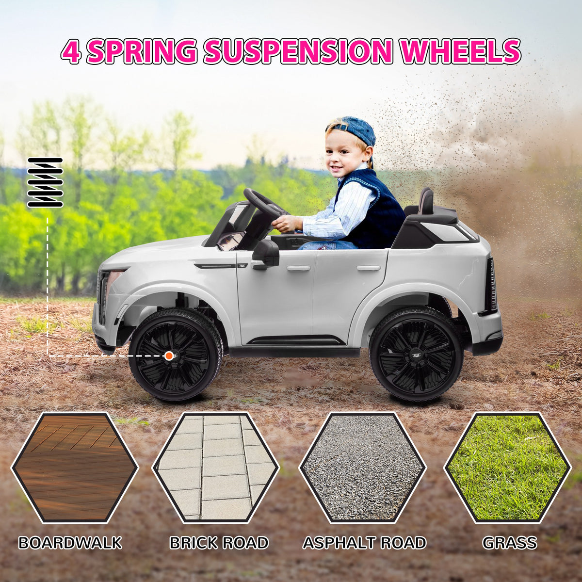 2-Seater 12V 10AH Ride on Truck, Escalade Licensed Electric Car for Kids w/ Spring Suspension Wheels, White