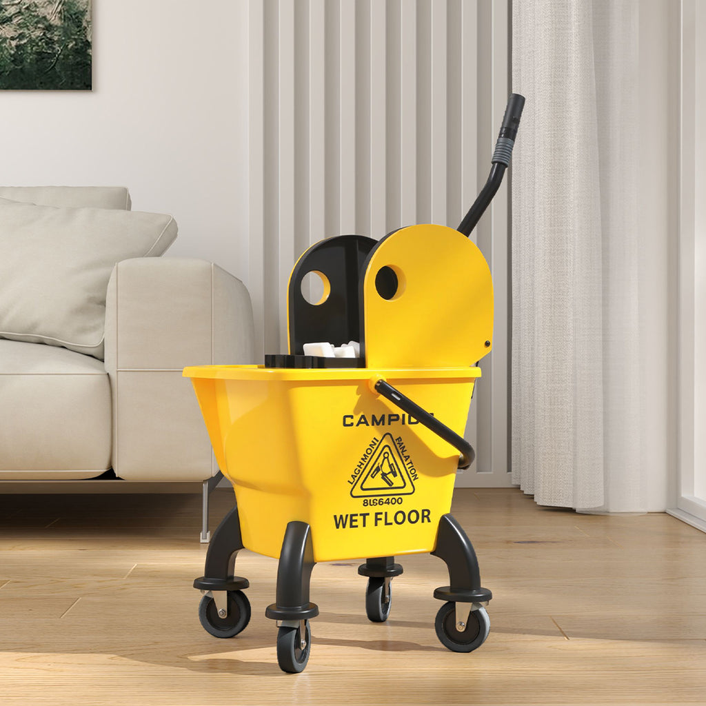 Mop Bucket with Wringer on Wheels for Floor Cleaning, 27.5 Quart Down Press Wringer with Handle and Mop, Yellow