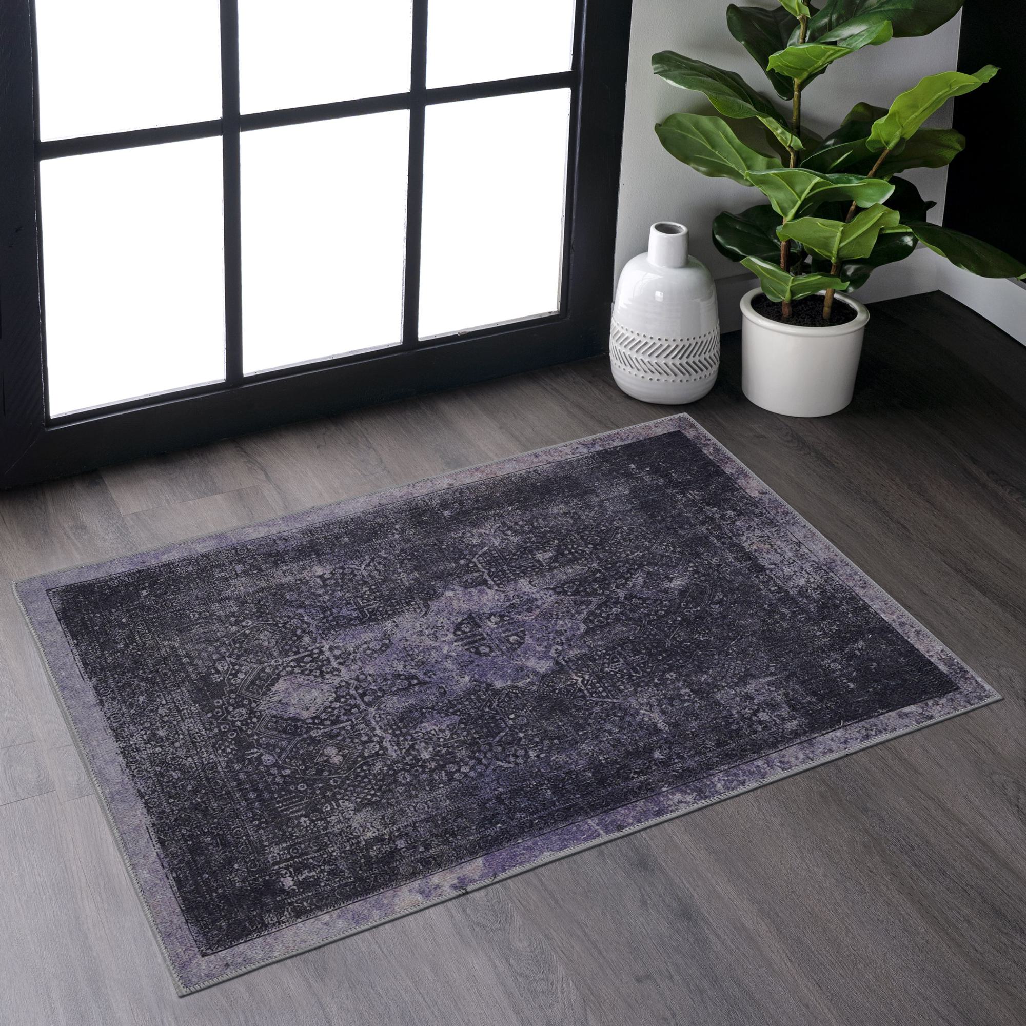 2x3 Low-Pile Non-Slip Non-Shedding Machine Washable Area Rug, Kid and Pet Friendly, Foldable Doormat for Bedroom, Bathroom, Anthracite