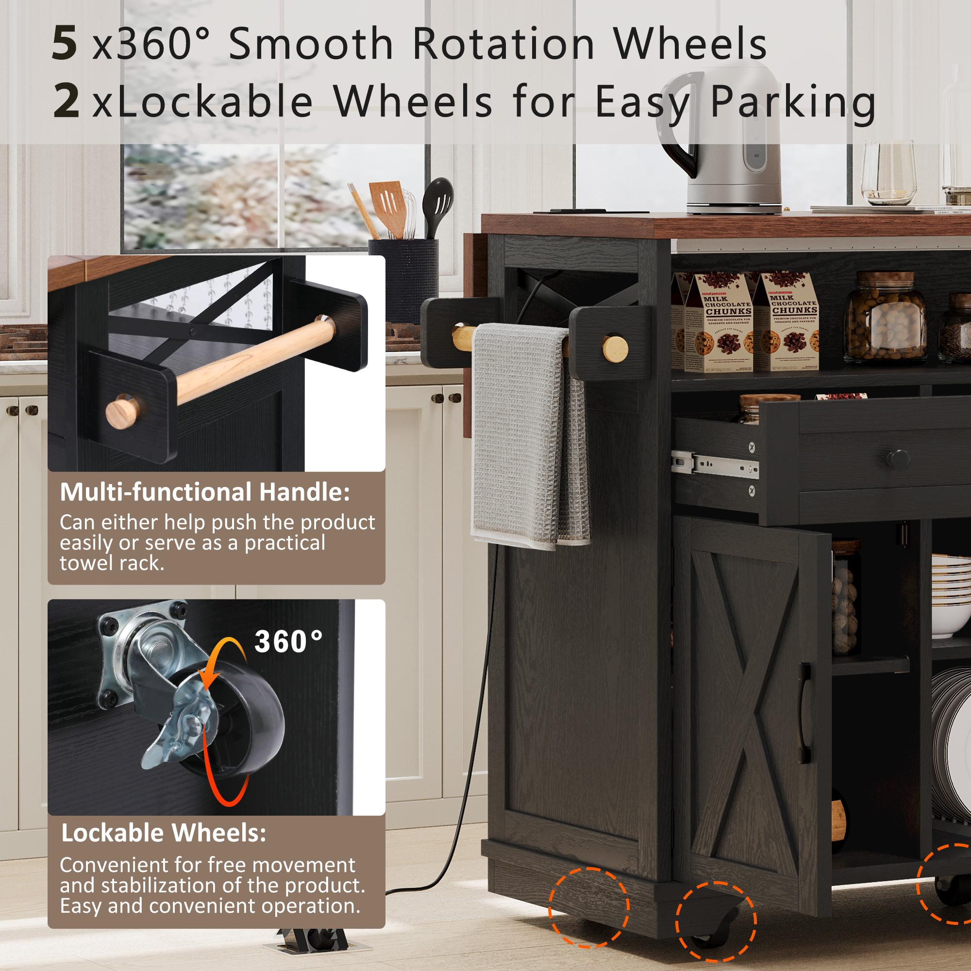 Farmhouse Kitchen Island Cart with Beaded Drape, Power Outlet, Drop Leaf, Adjustable Shelves, Perfect for Kitchen and Dining Room, Black