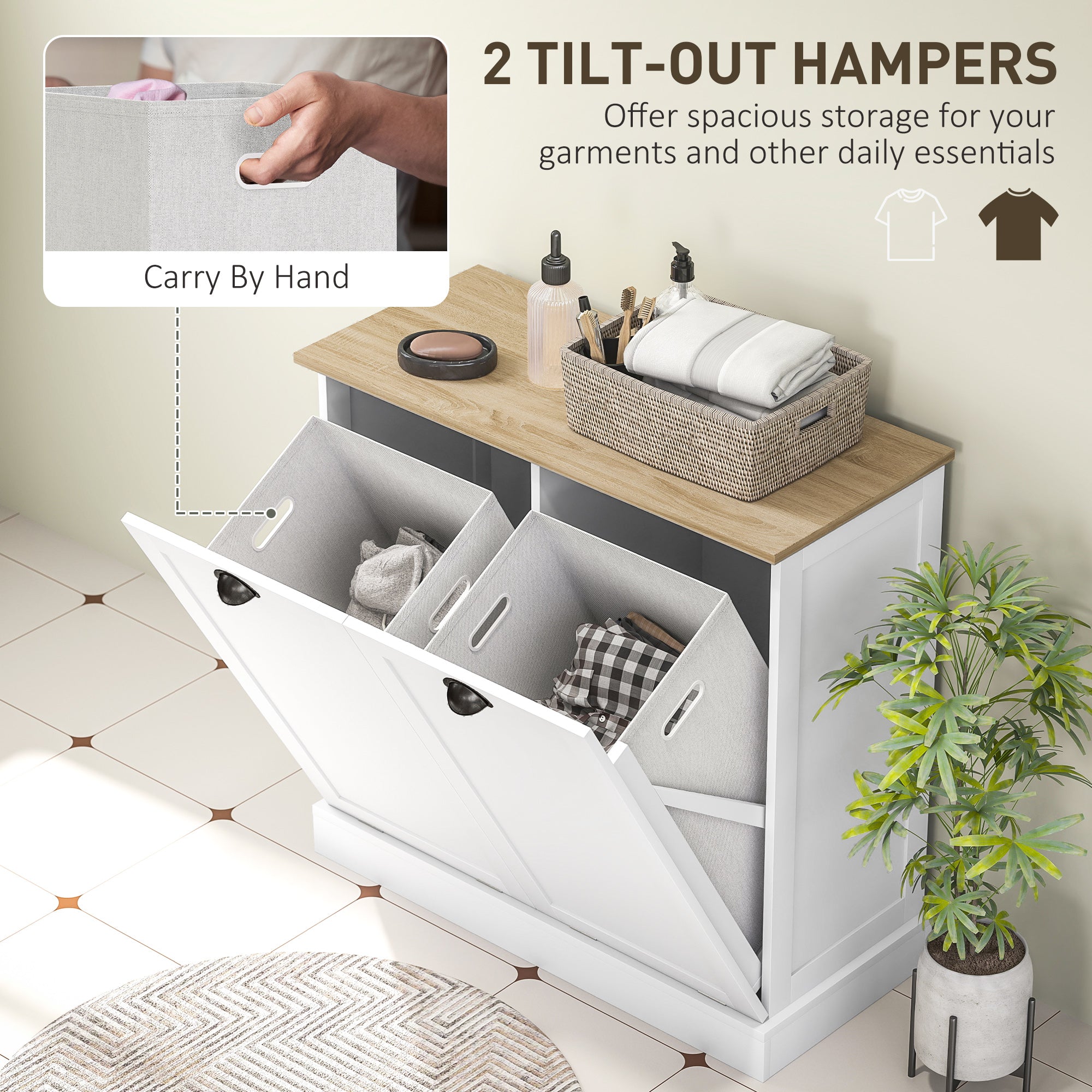 Dual Tilt out Laundry Hamper Cabinet with 2 Removable Basket, Modern Bathroom Storage Cabinet with Shaker Doors and Handles, White