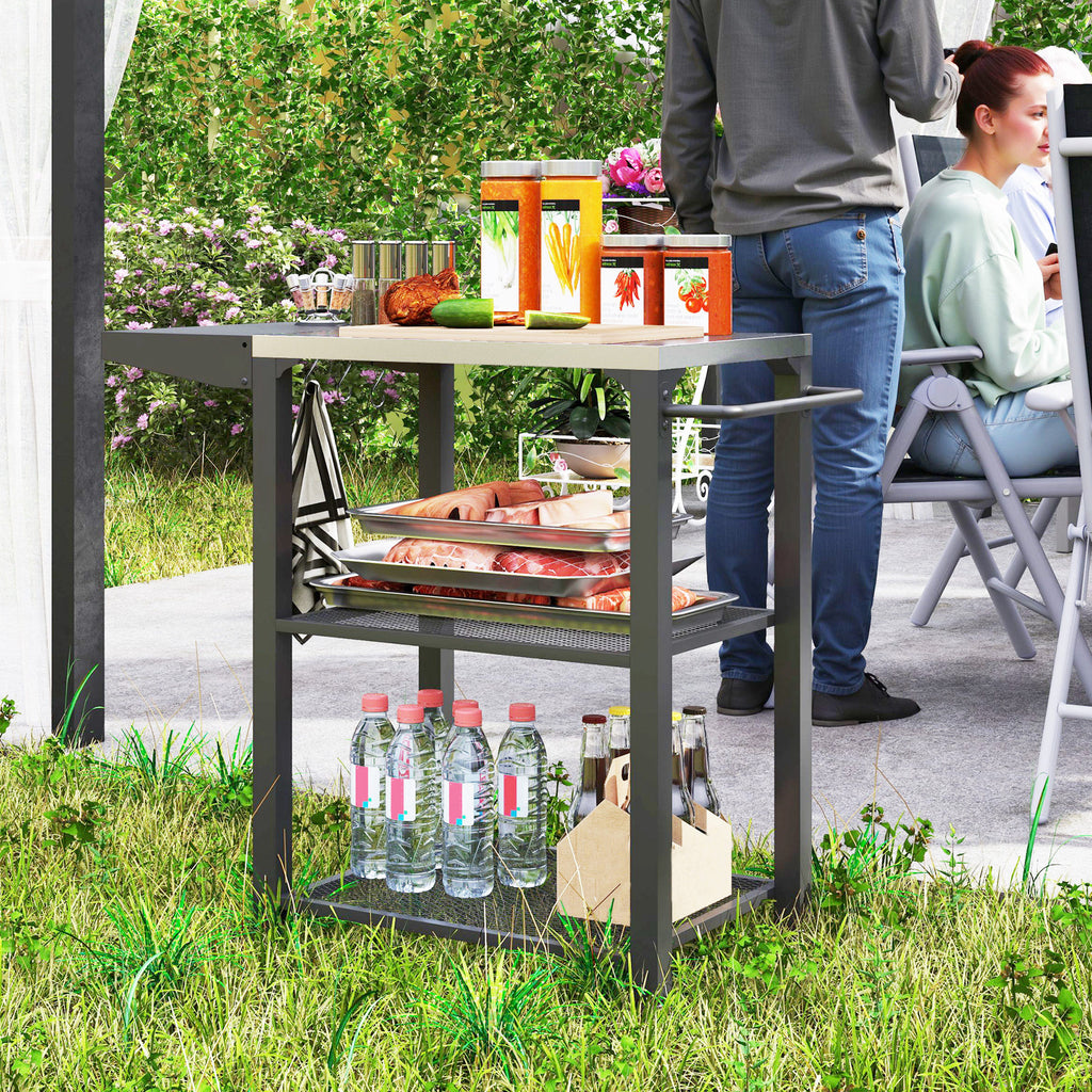 Three-Shelf Outdoor Grill Cart Table with Foldable Side Table, Stainless Steel Top Pizza Oven Stand with Hooks, Silver