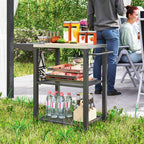 Three-Shelf Outdoor Grill Cart Table with Foldable Side Table, Stainless Steel Top Pizza Oven Stand with Hooks, Silver