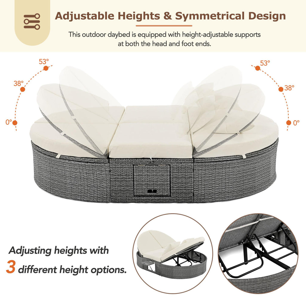 2-Person Patio Daybed with Adjustable Backrest & Cup Tray, Wicker Chaise Lounge with Thick Cushion, 78.5'' L x 55.5'' W x 16.5'' H, Beige