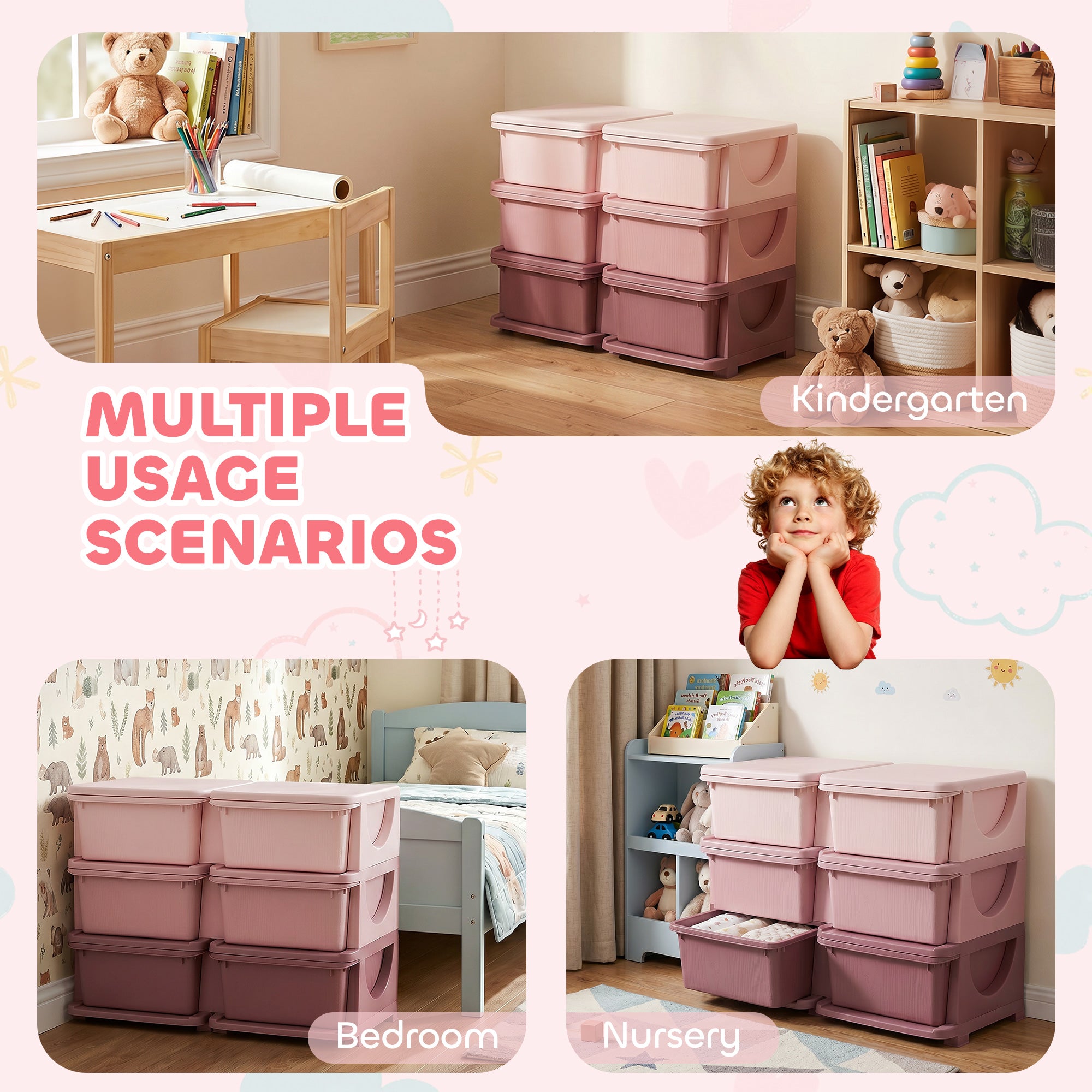 3 Tier Kids Storage Organizer with 6 Drawers for Bedroom, Nursery, Kindergarten, Living Room, Boys and Girls, Pink