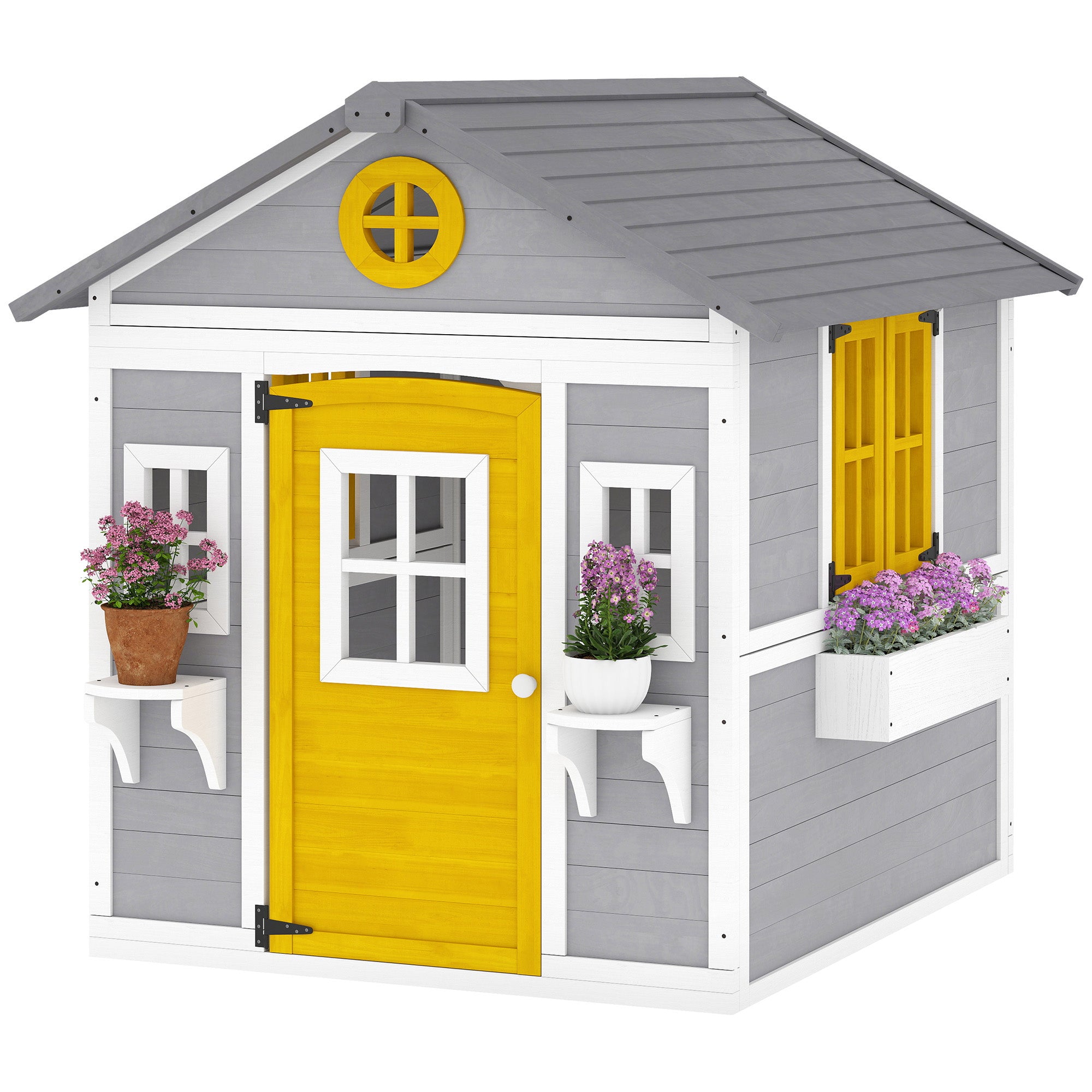 Wooden Playhouse for Kids Outdoor with Doors, Windows, Planter Pots and Boxes for Toddlers 3-8 Years, Gray