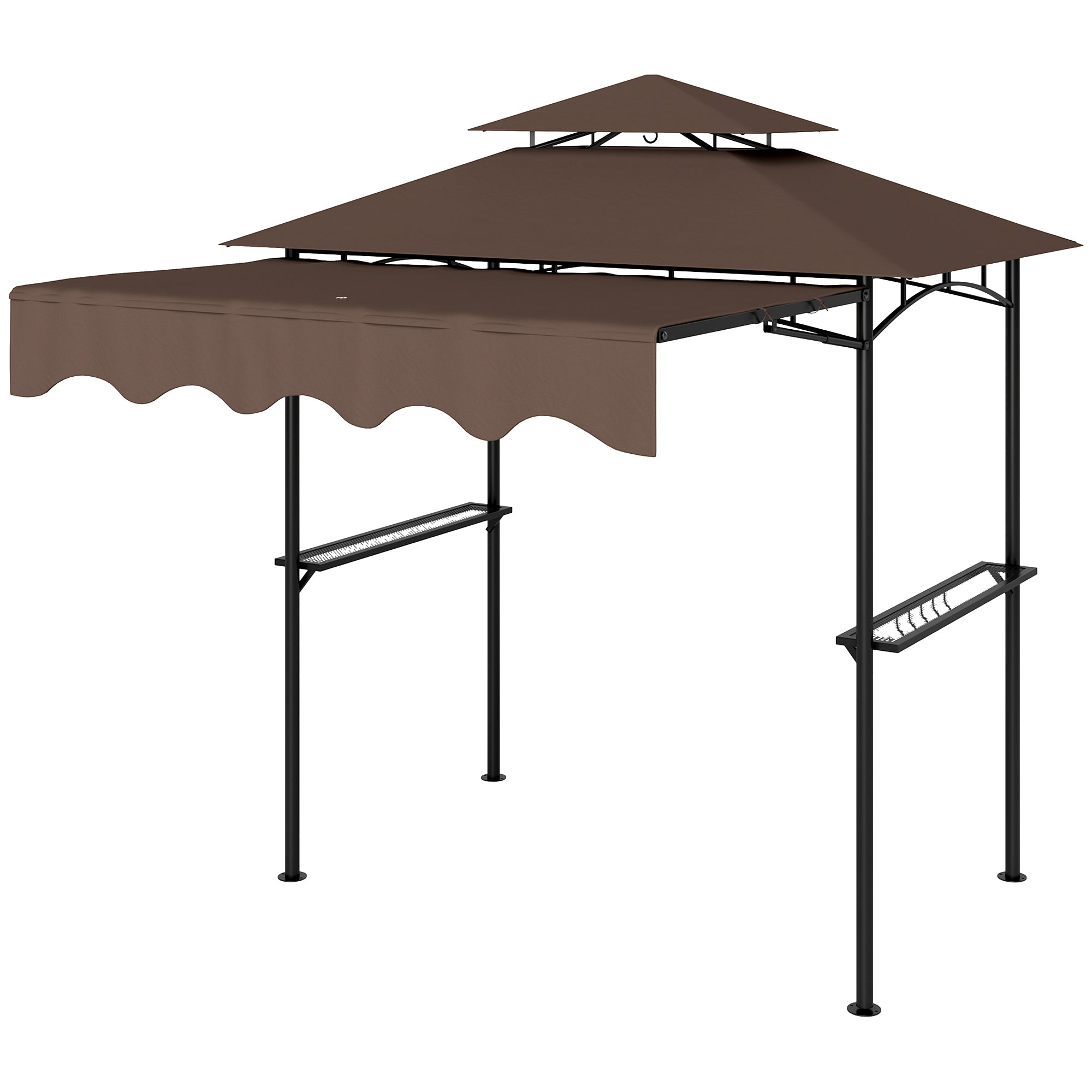 8' x 7.6' Outdoor Grill Gazebo, Barbecue Gazebo Shelter with Side Awning, 2 Side Shelves and 6 Hooks, Brown