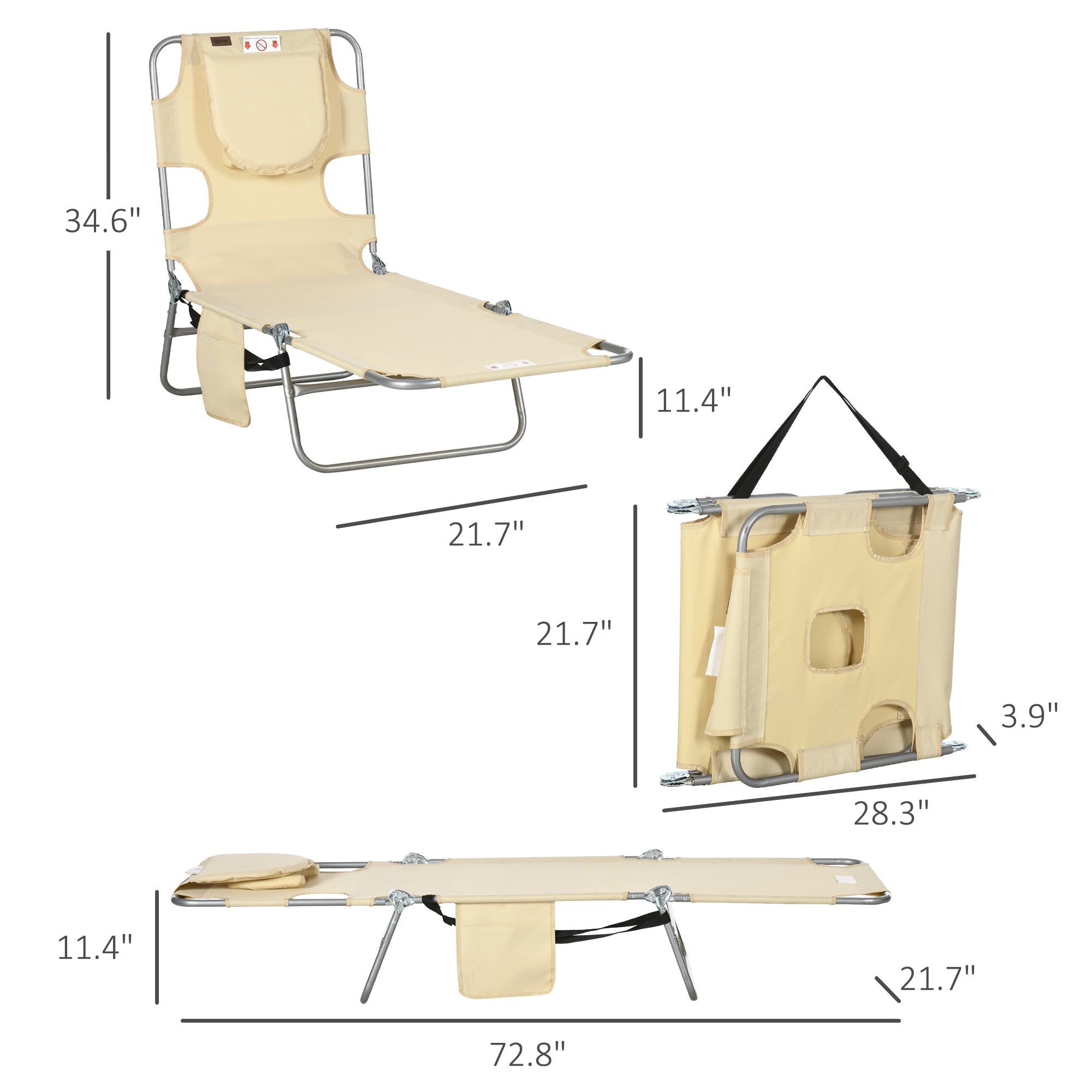 Tanning Chair with Face Hole, 5-Level Adjustable Outdoor Chaise Lounge Chair with Pillow for Beach, Pool, Beige