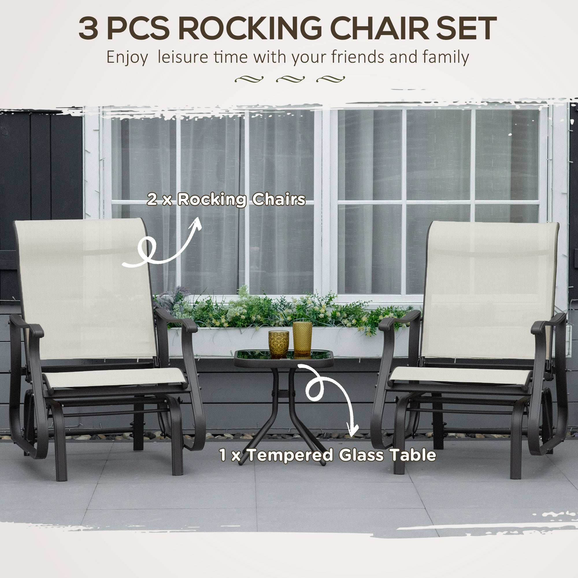 3-Piece Outdoor Gliders Set Bistro Set with Steel Frame, Tempered Glass Top Table for Patio, Garden, Backyard, Lawn, Cream White