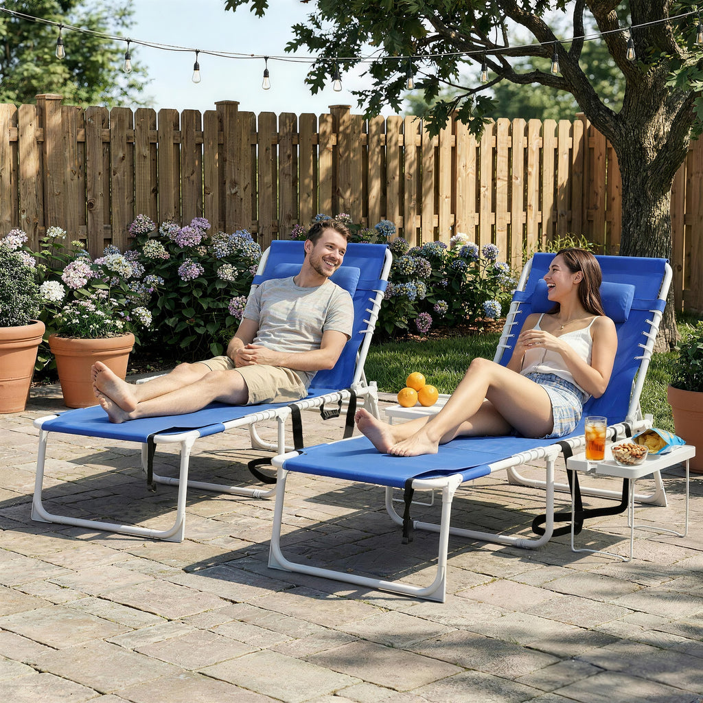Tanning Chair Set of 2 with Face Hole and Side Table, 5-Position Folding Outdoor Chaise Lounge Chair, Navy Blue
