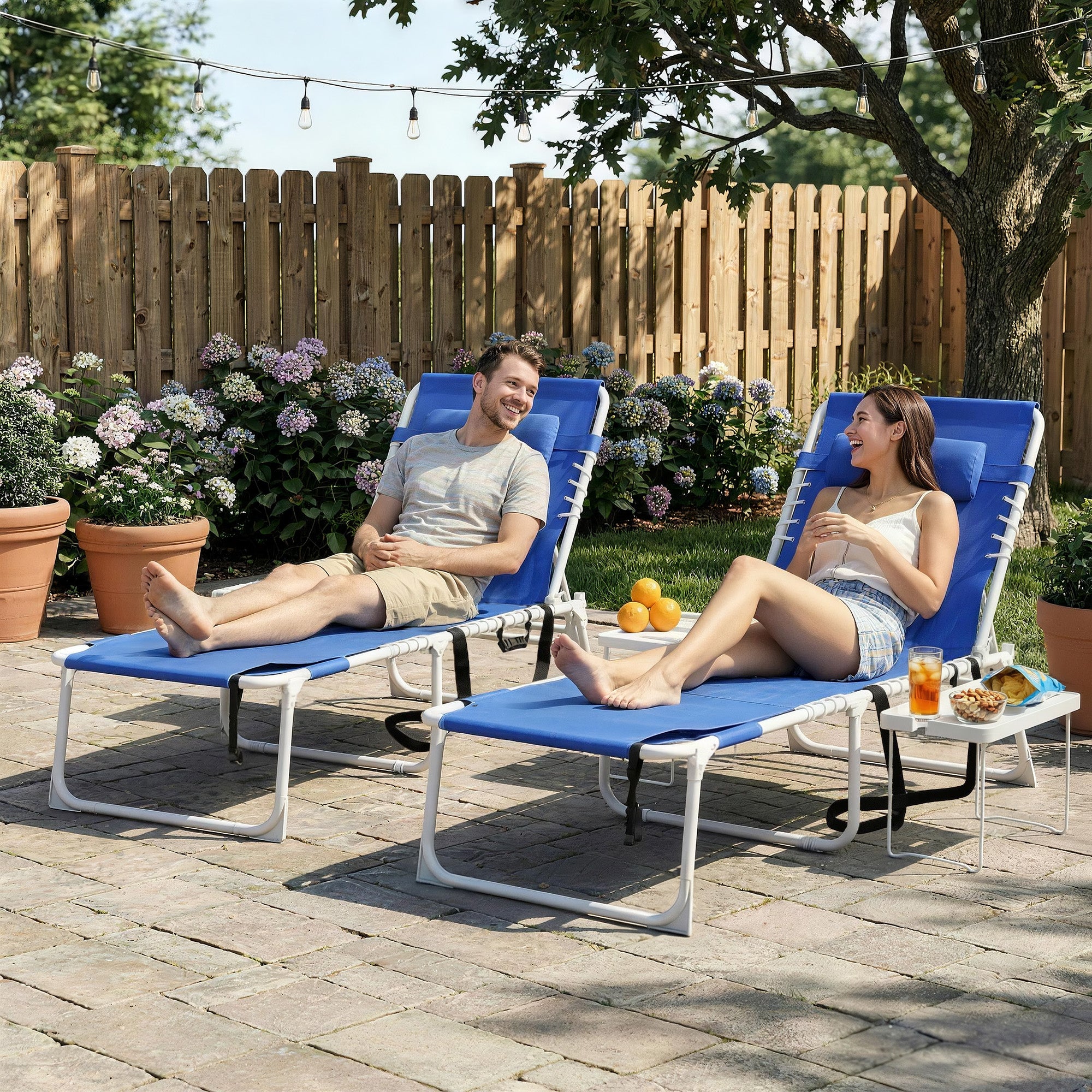 Tanning Chair Set of 2 with Face Hole and Side Table, 5-Position Folding Outdoor Chaise Lounge Chair, Navy Blue