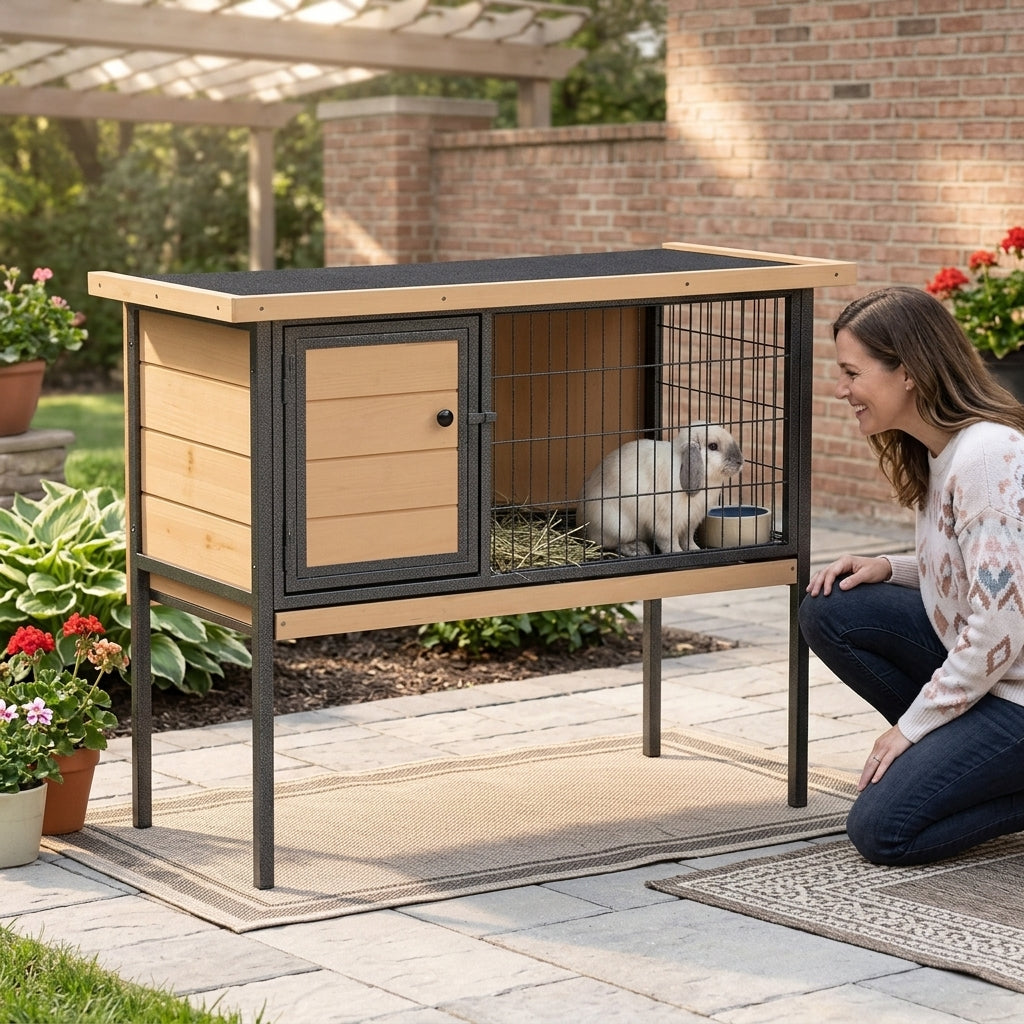 Rabbit Hutch Elevated Bunny Cage Small Animal Habitat with Metal Frame, No Leak Tray, Metal Wire Pan, Openable Water-Resistant Asphalt Roof for Rabbits, Chickens, Ducks, Indoor/Outdoor Natural