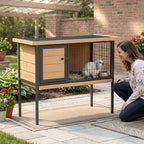 Rabbit Hutch Elevated Bunny Cage Small Animal Habitat with Metal Frame, No Leak Tray, Metal Wire Pan, Openable Water-Resistant Asphalt Roof for Rabbits, Chickens, Ducks, Indoor/Outdoor Natural