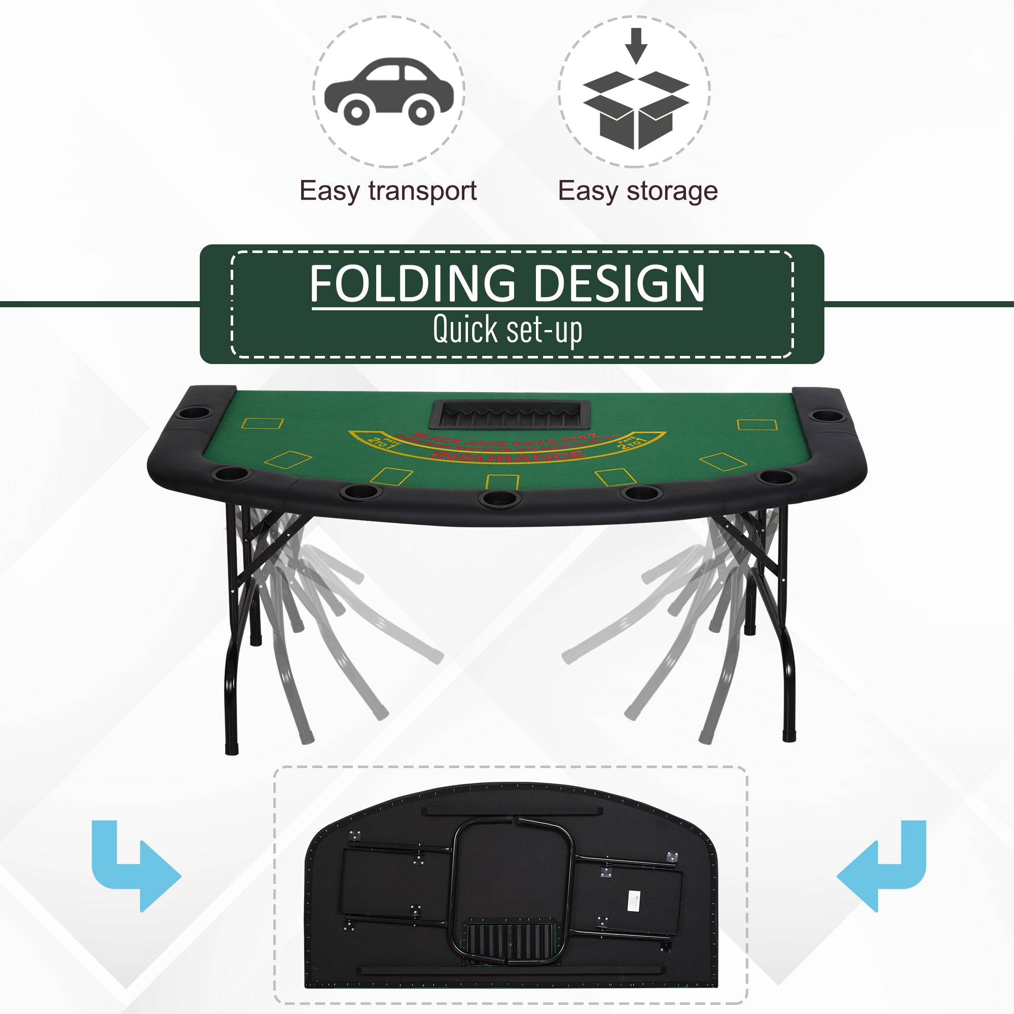 Poker Table Foldable, 72" Blackjack Table for 7 Players with Chip & Cup Holder, Green Felt