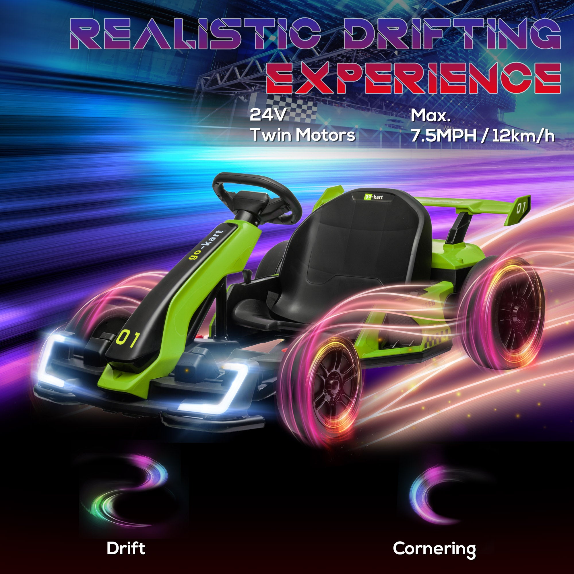 24V 7.5 MPH Electric Go Kart with Adjustable Seat, Slow Start, Green