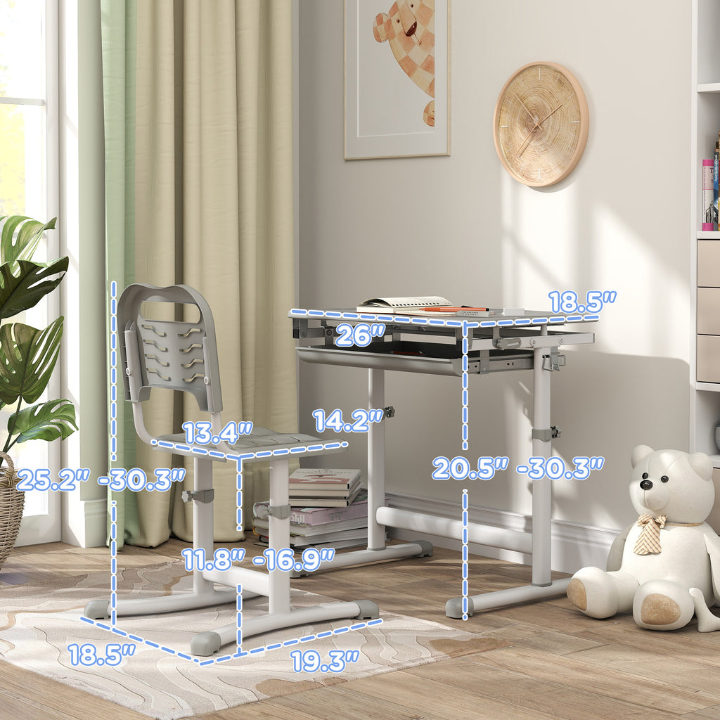 Height Adjustable Kids Desk and Chairs Set with Tilt Desktop, Storage Drawer, Pen Slot, Hook, Gray