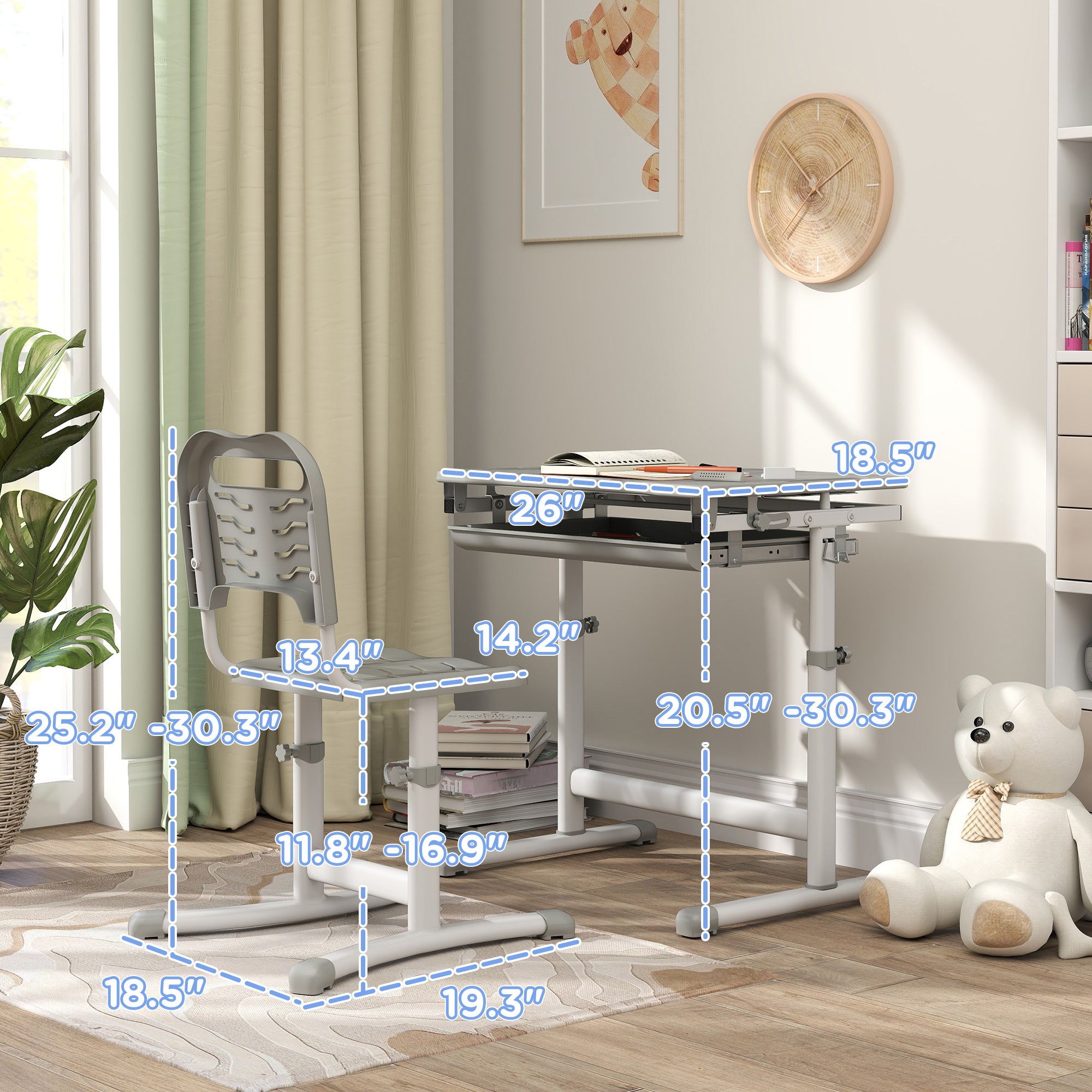Height Adjustable Kids Desk and Chairs Set with Tilt Desktop, Storage Drawer, Pen Slot, Hook, Gray