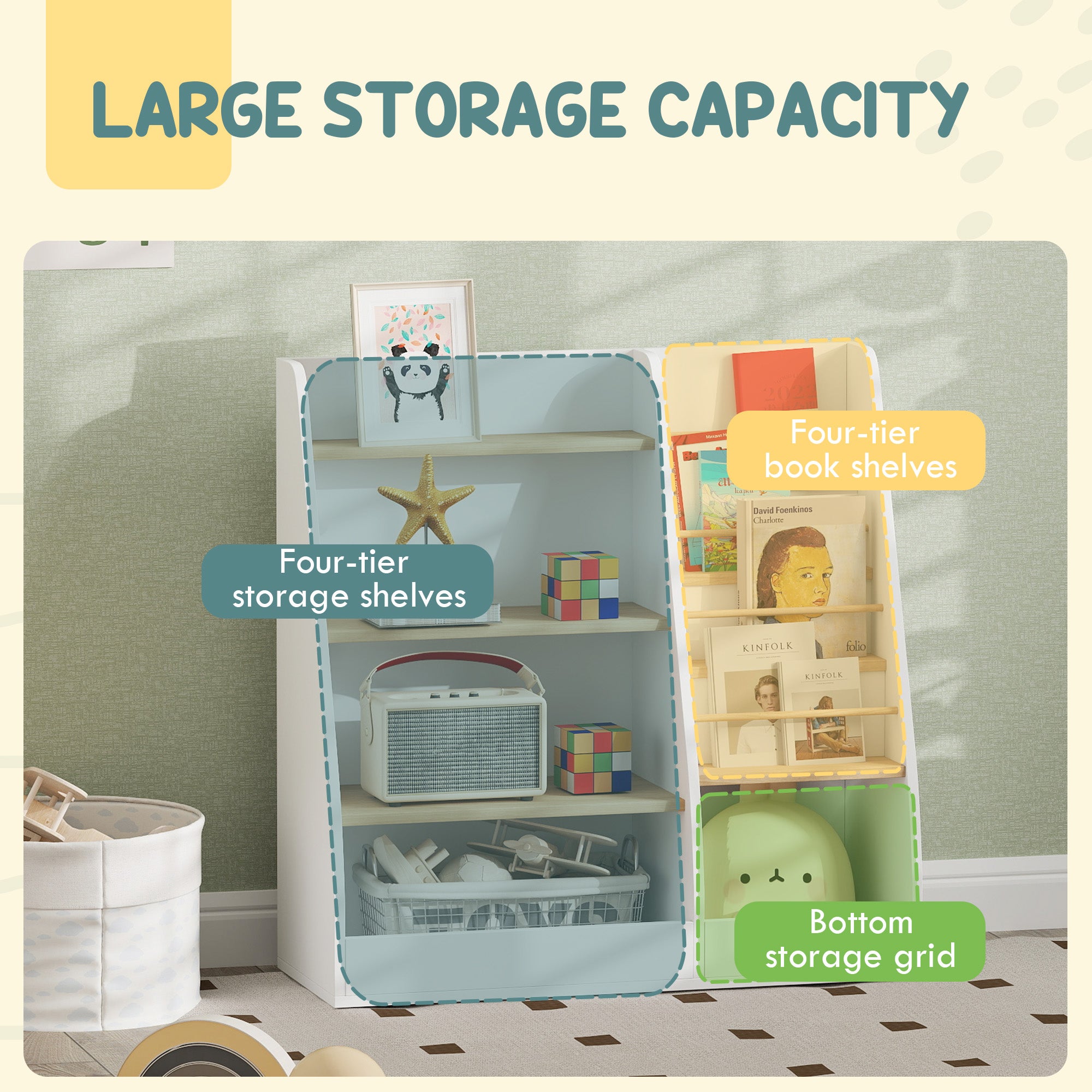 4 Tier Kids Bookshelf and Toy Storage Organizer with Book Rack, for Living Room, Kids Room, Playroom, Bedroom, White