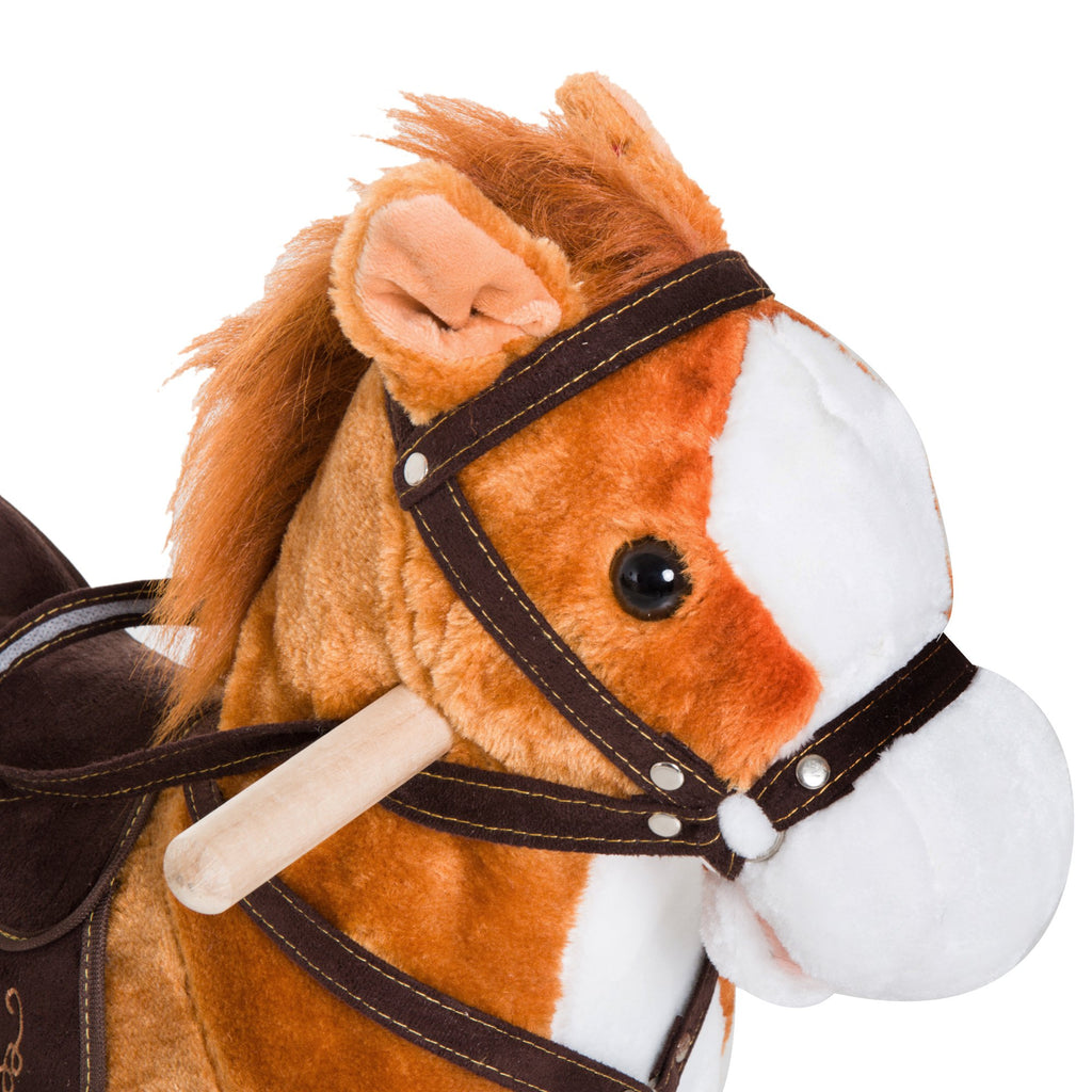 Kids Plush Toy Rocking Horse, Wooden Ride-on Chair, Plush Animal Rocker with Realistic Sounds and Moving Tail for Toddlers, Brown