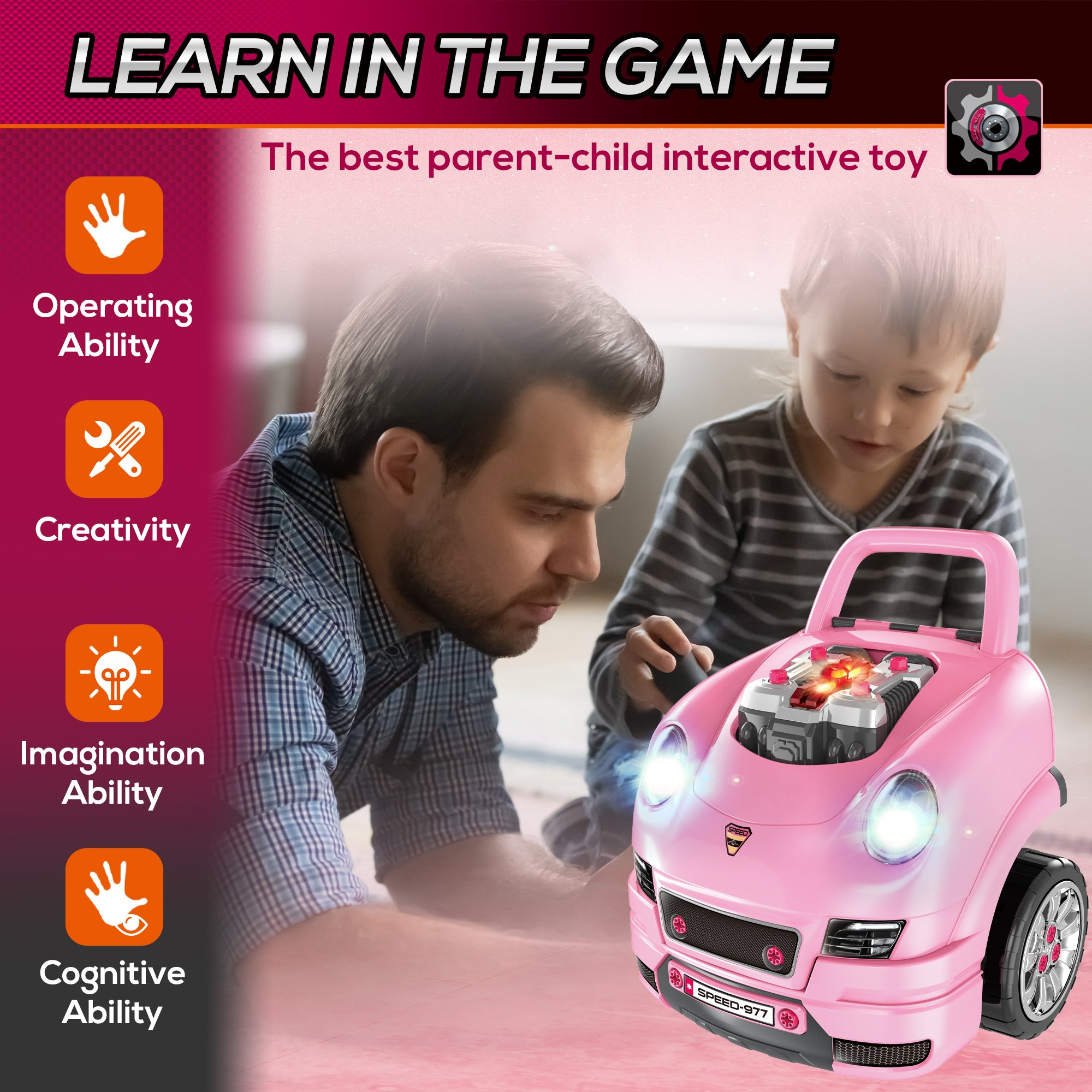 Mechanic Kids Truck Engine Toy Set, Car Service Play Set, Pink