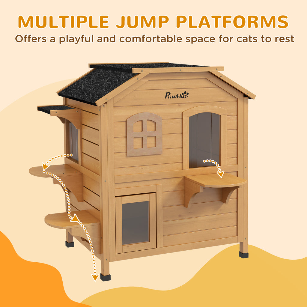 2-story Cat House Outdoor, Weatherproof Wooden Cat Enclosure for Feral Cats with Escape Door, Openable Roof, Jumping Platforms, Natural