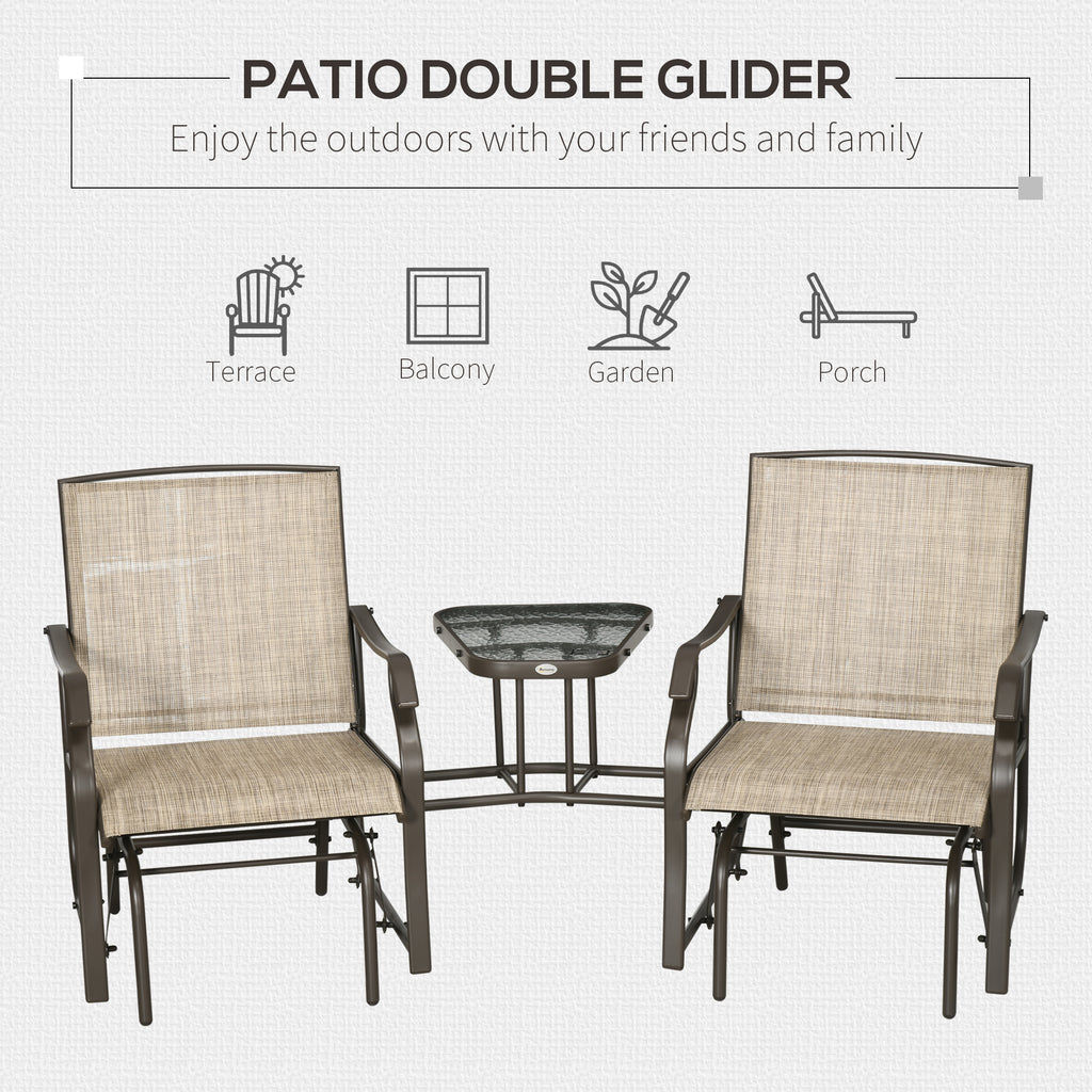 Outdoor Glider Chairs with Coffee Table, Patio 2-Seat Rocking Chair Swing Loveseat with Breathable Sling for Backyard, Garden, and Porch, Light Brown